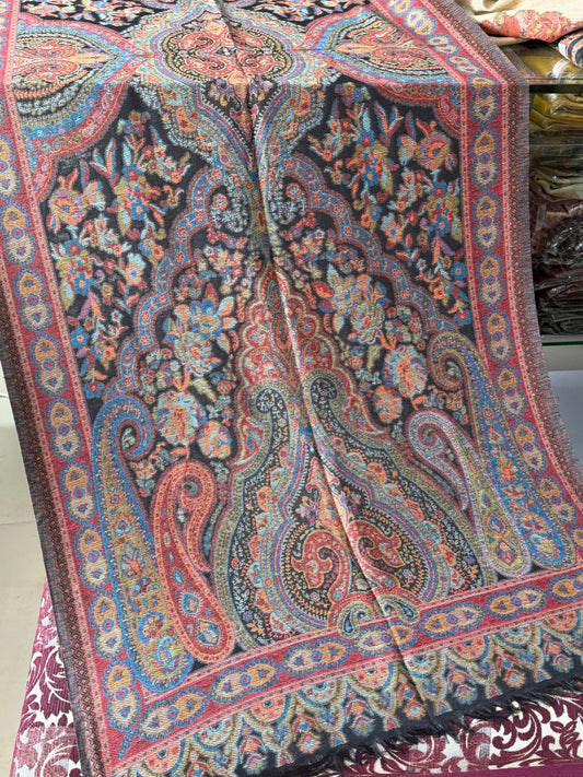 Kani Qalamkar Design Stole Sky Cashmere Acrylic Wool | Black