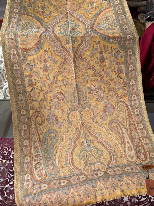 Kani Qalamkar Design Stole Sky Cashmere Acrylic Wool | Mustard