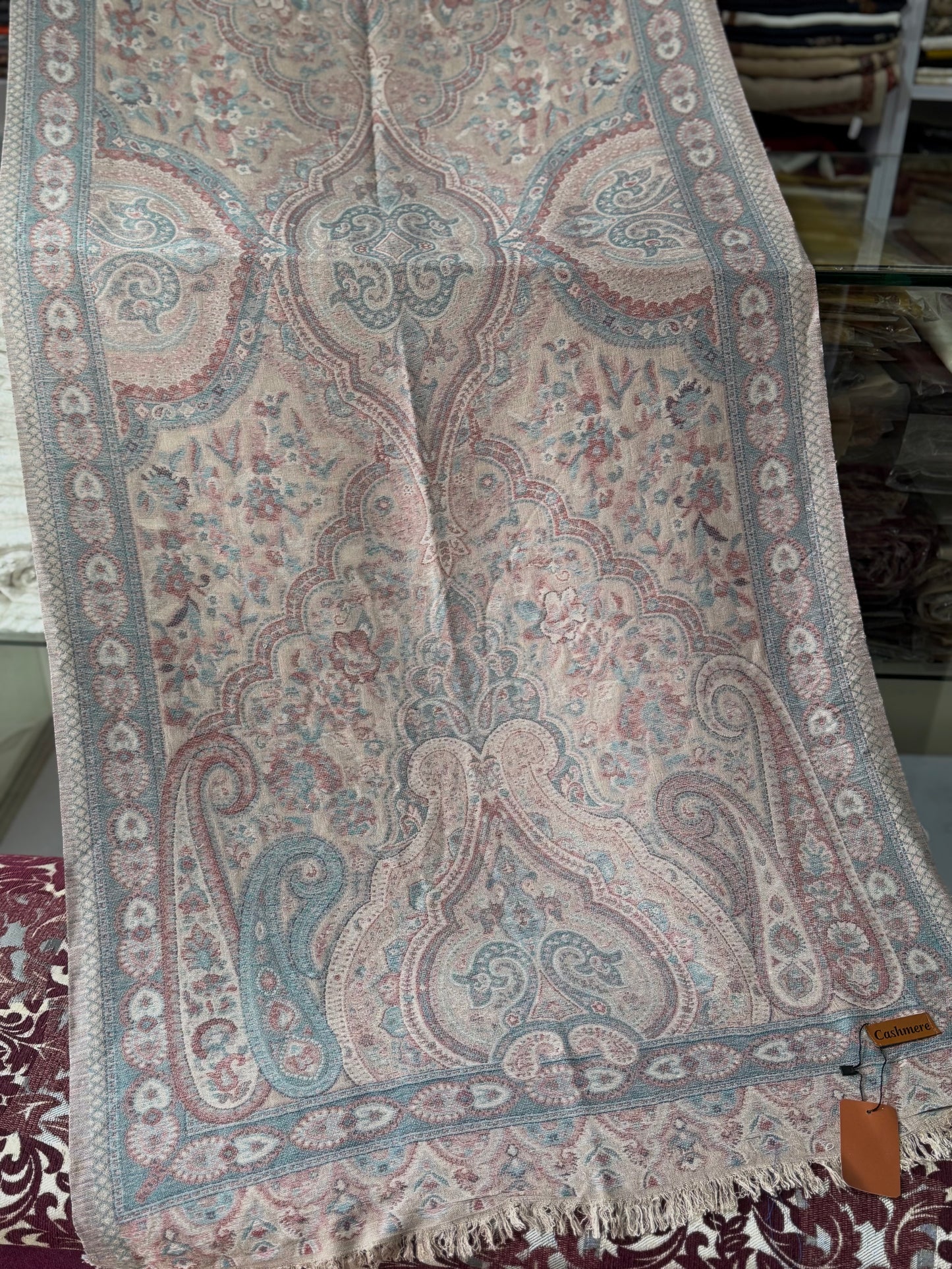 Kani Qalamkar Design Stole Sky Cashmere Acrylic Wool | Skin