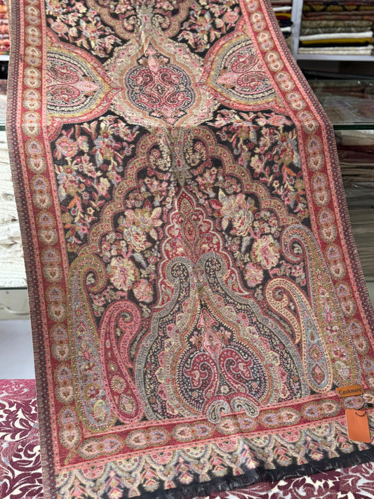 Kani Qalamkar Design Stole Sky Cashmere Acrylic Wool | Black With Brown