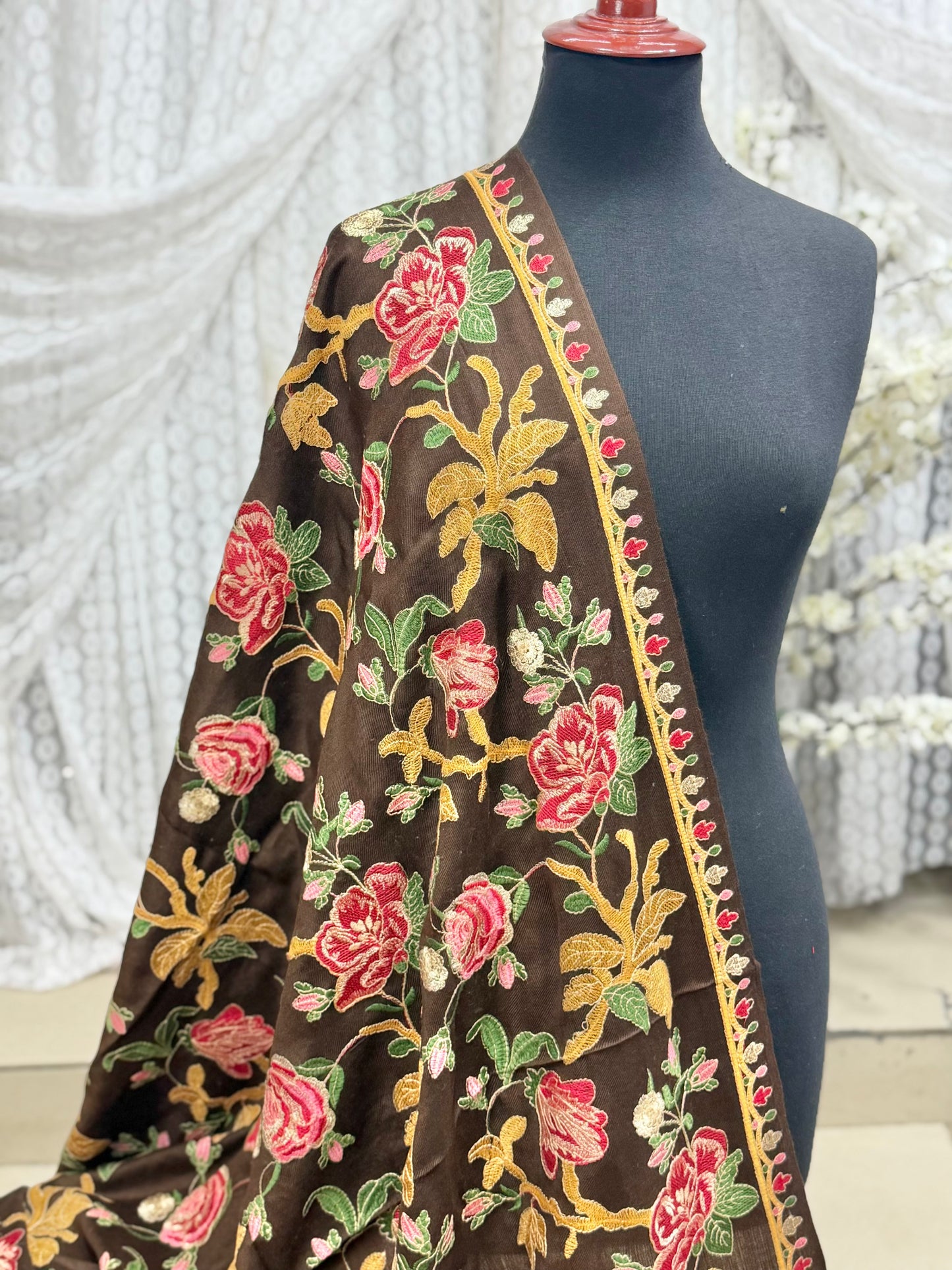 Brown Gulabkar Pashmina Embroidered Shawl Fancy Tilla and Thread Work Perfect Gift