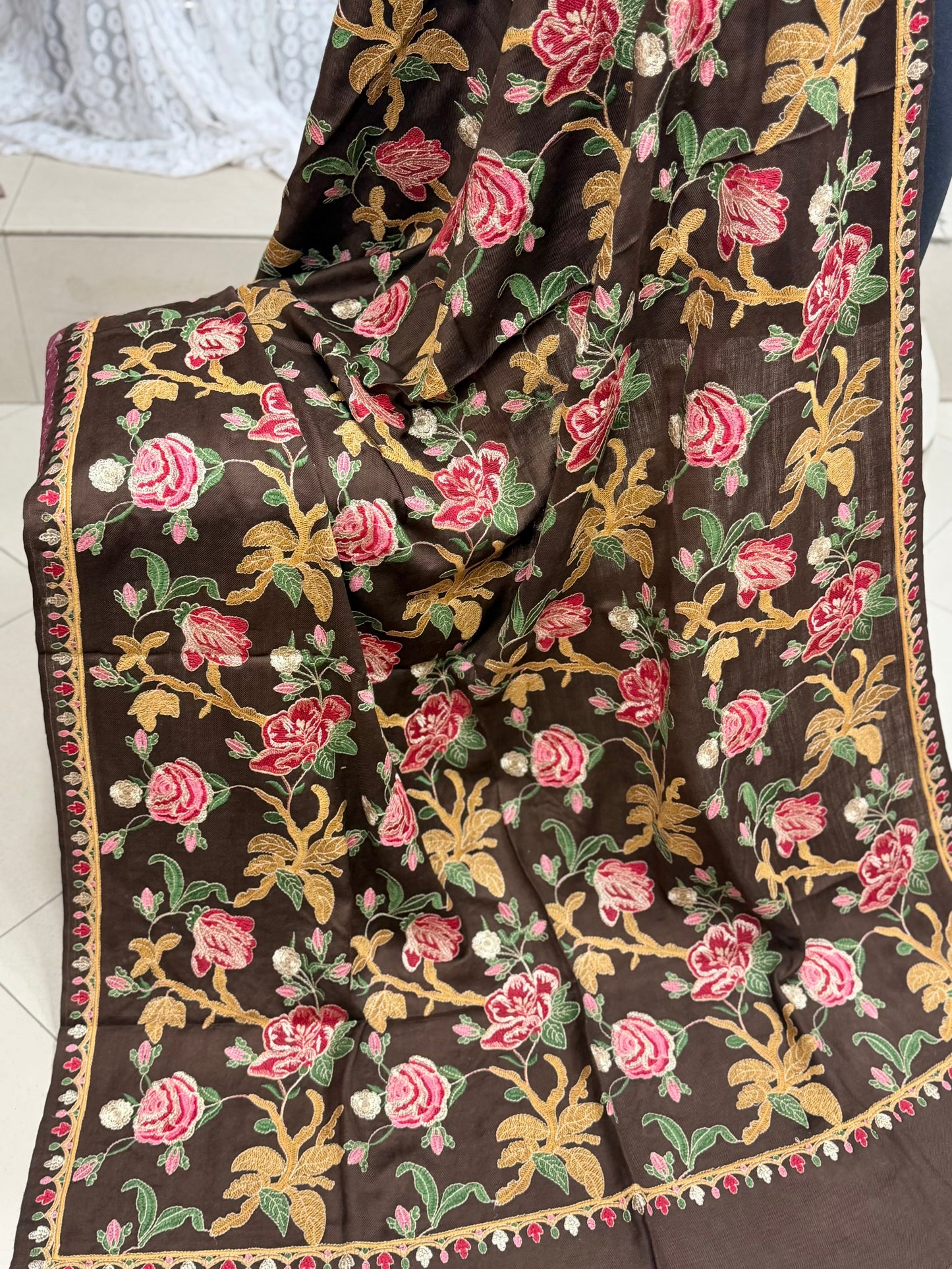 Brown Gulabkar Pashmina Embroidered Shawl Fancy Tilla and Thread Work Perfect Gift