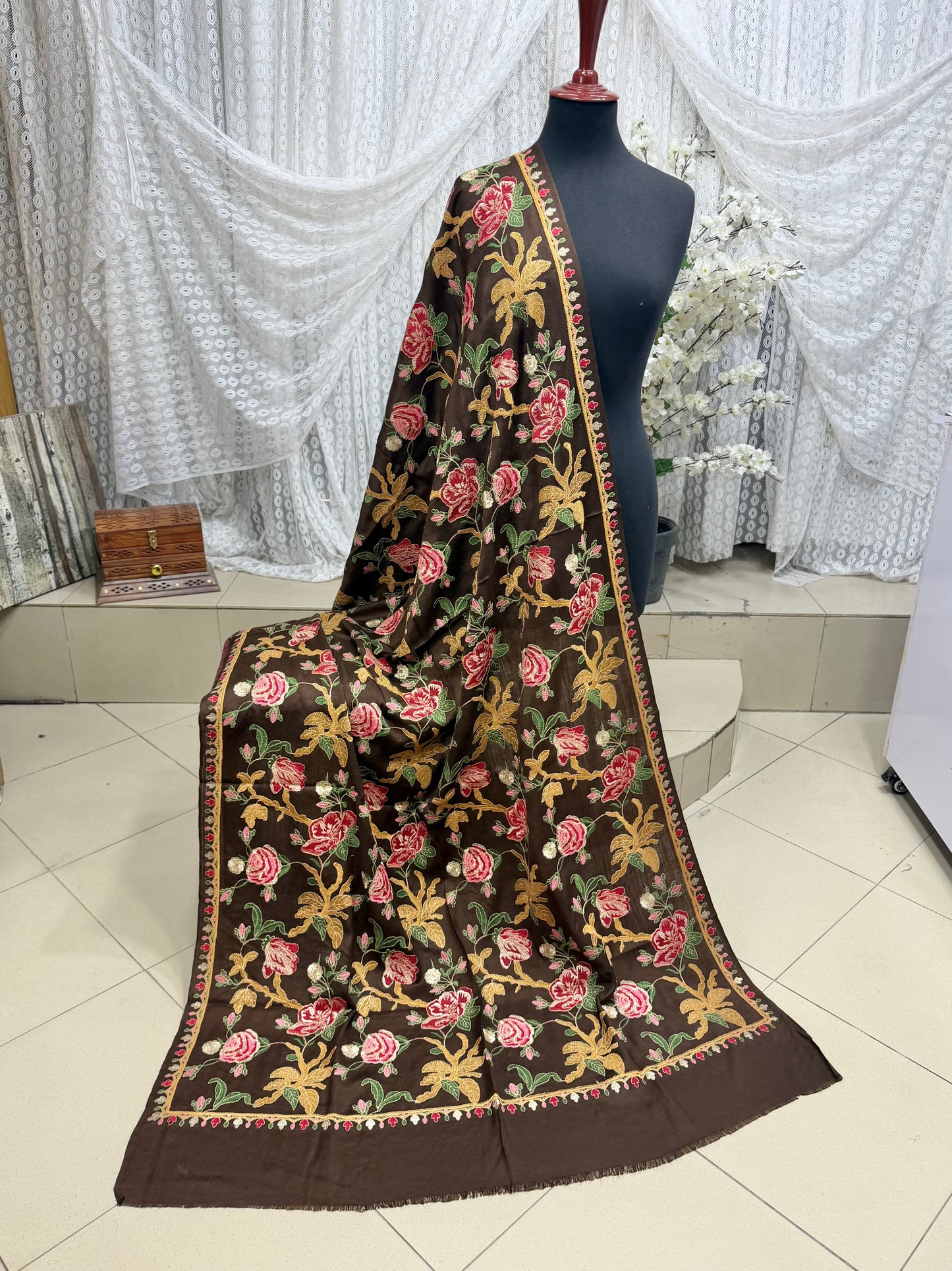 Brown Gulabkar Pashmina Embroidered Shawl Fancy Tilla and Thread Work Perfect Gift