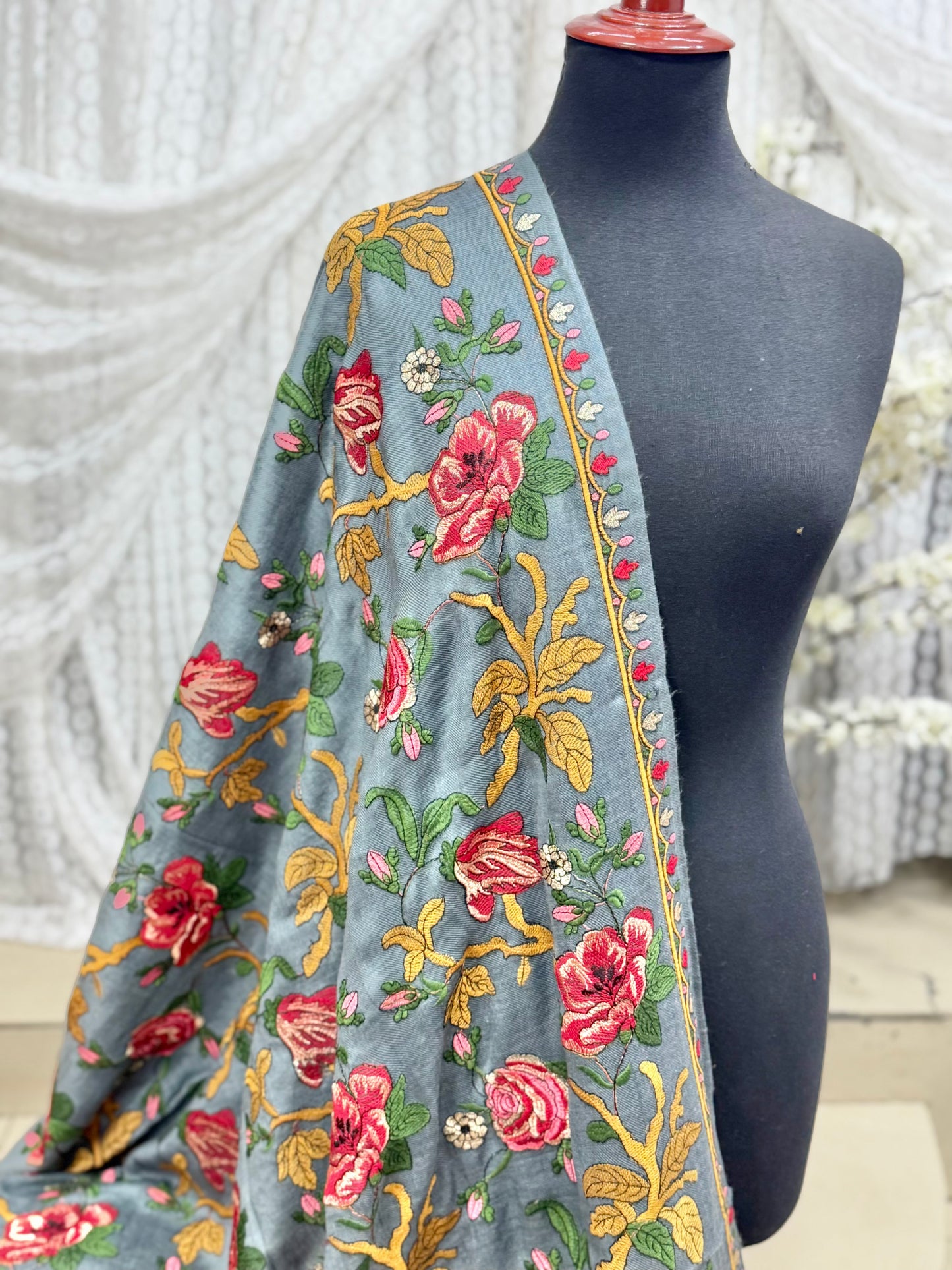 Grey Gulabkar Pashmina Embroidered Shawl Fancy Tilla and Thread Work Perfect Gift