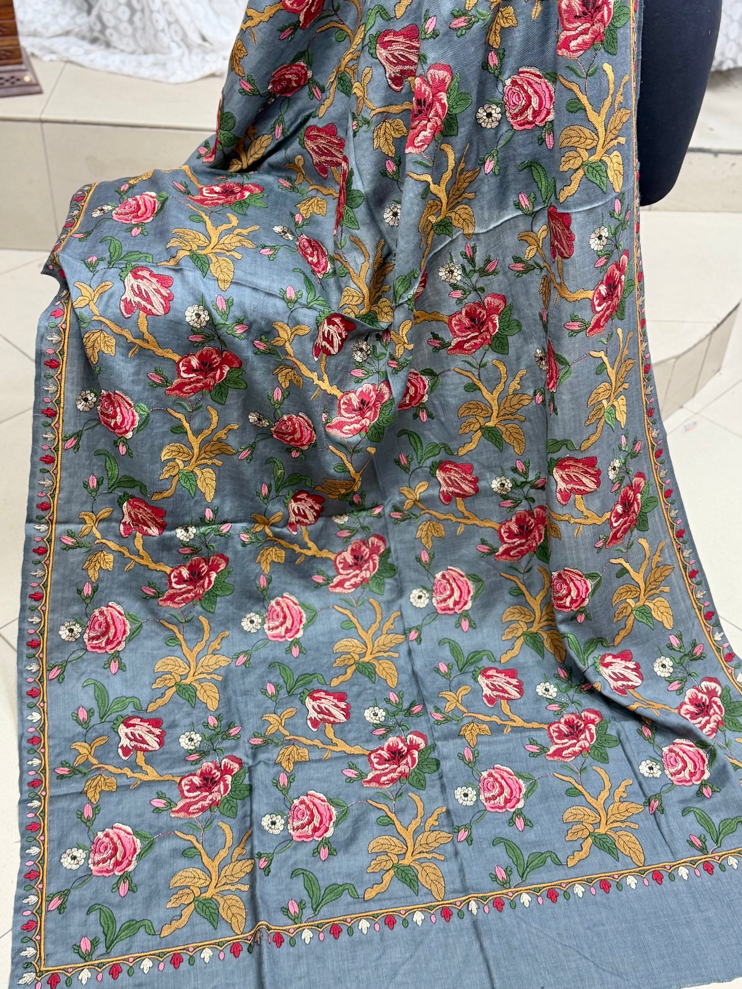 Grey Gulabkar Pashmina Embroidered Shawl Fancy Tilla and Thread Work Perfect Gift