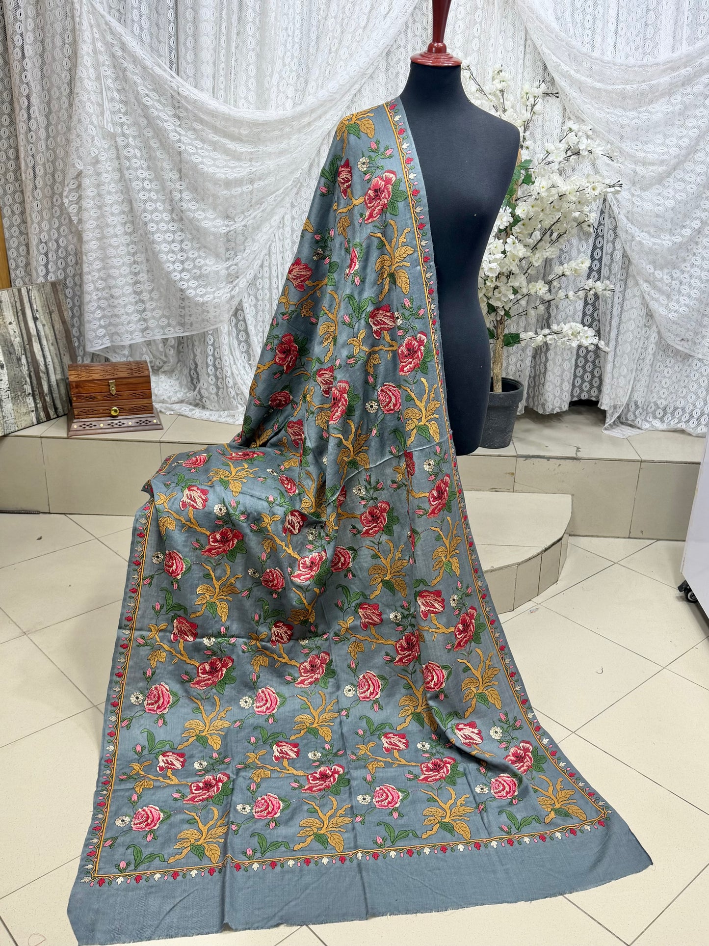 Grey Gulabkar Pashmina Embroidered Shawl Fancy Tilla and Thread Work Perfect Gift