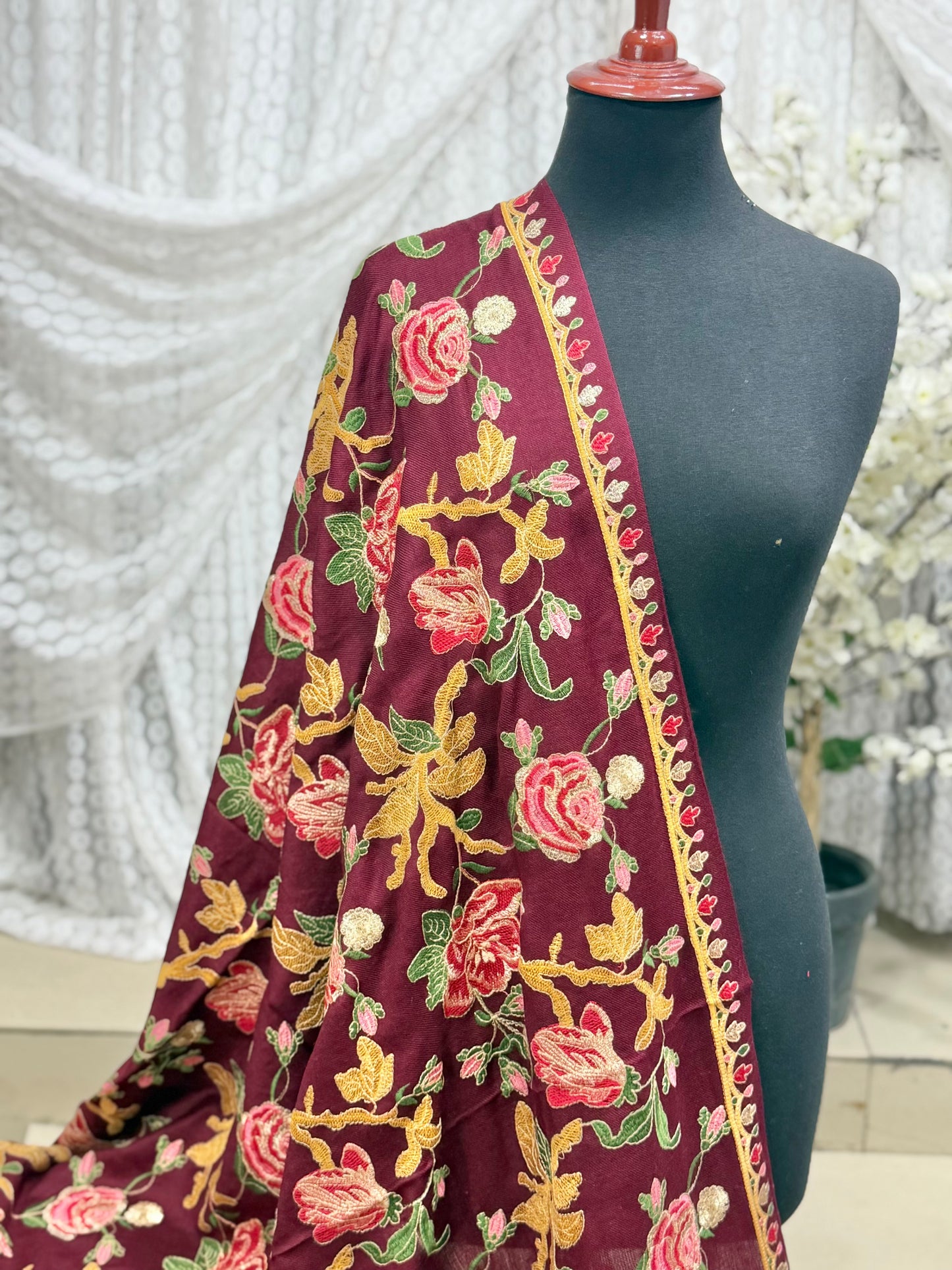 Maroon Gulabkar Pashmina Embroidered Shawl Fancy Tilla and Thread Work Perfect Gift