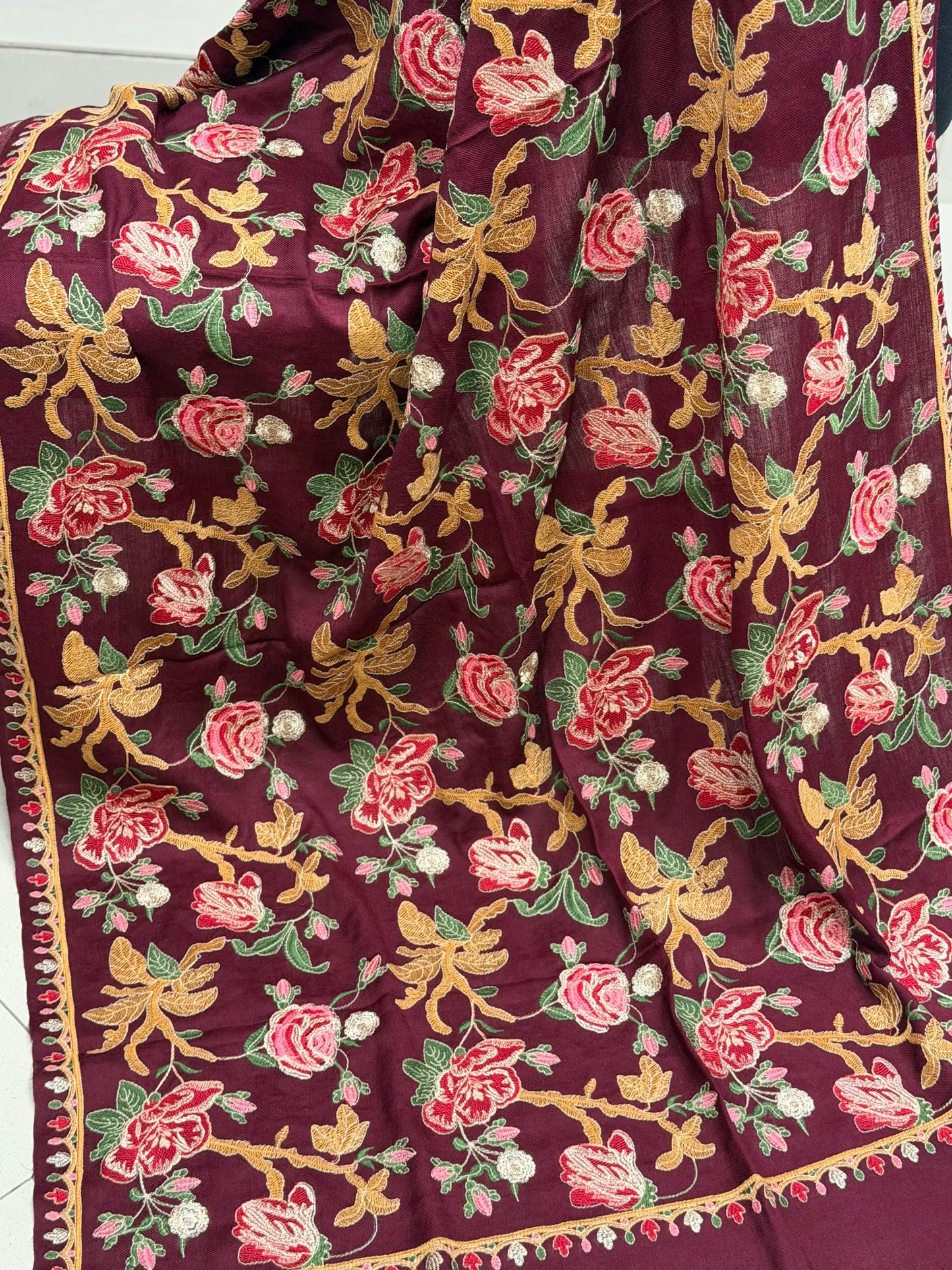 Maroon Gulabkar Pashmina Embroidered Shawl Fancy Tilla and Thread Work Perfect Gift