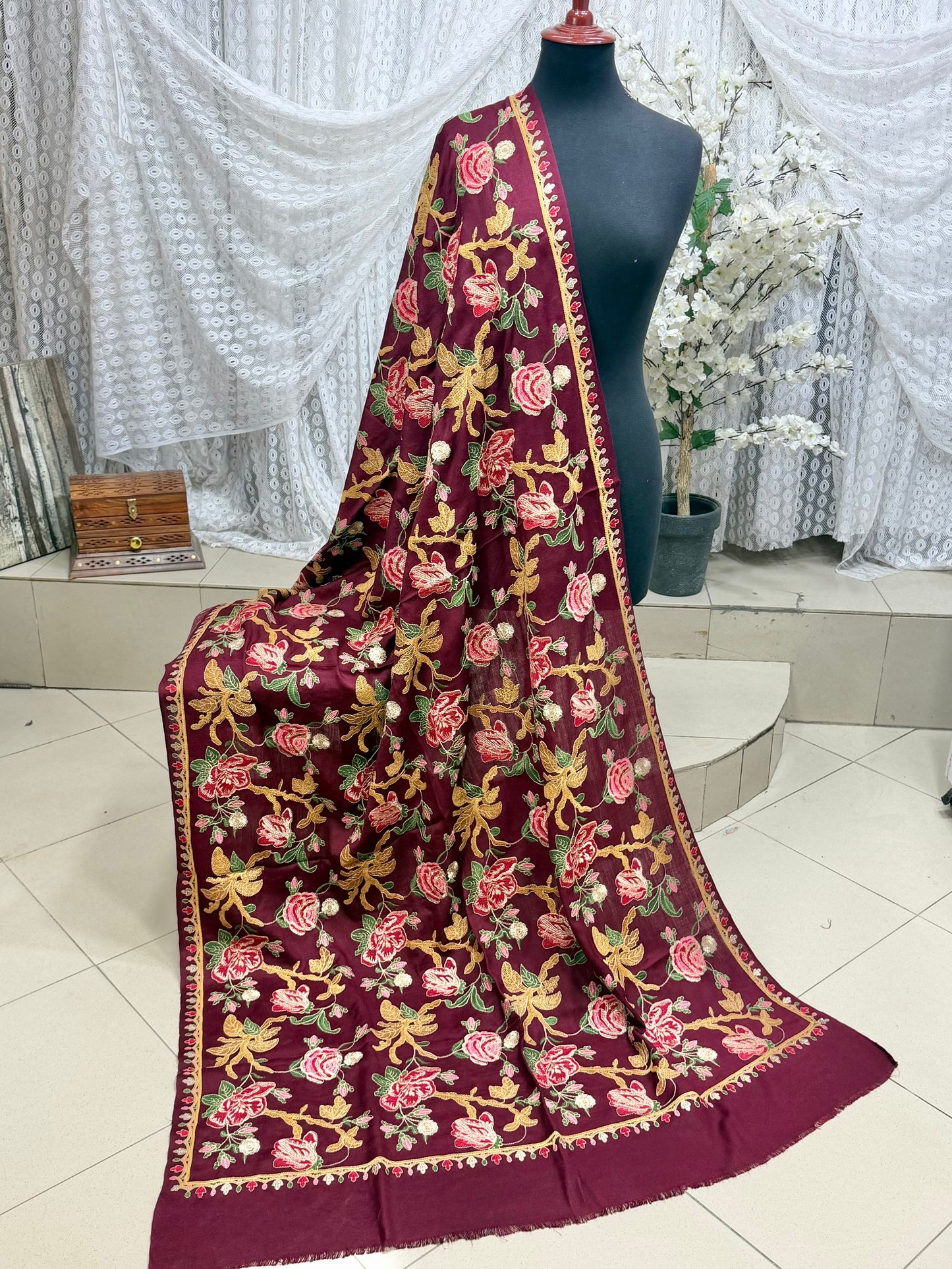 Maroon Gulabkar Pashmina Embroidered Shawl Fancy Tilla and Thread Work Perfect Gift