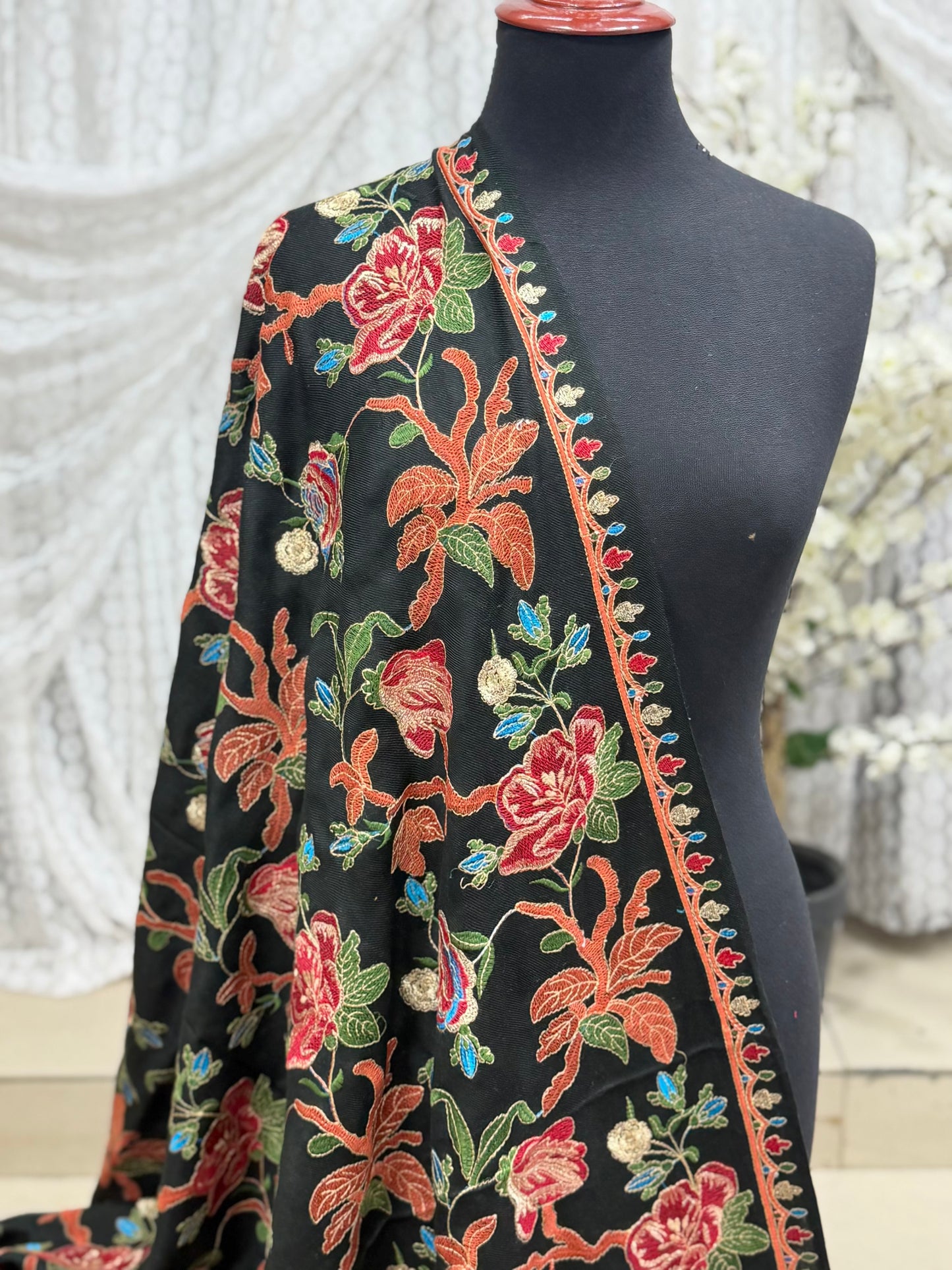Black Gulabkar Pashmina Embroidered Shawl Fancy Tilla and Thread Work Perfect Gift