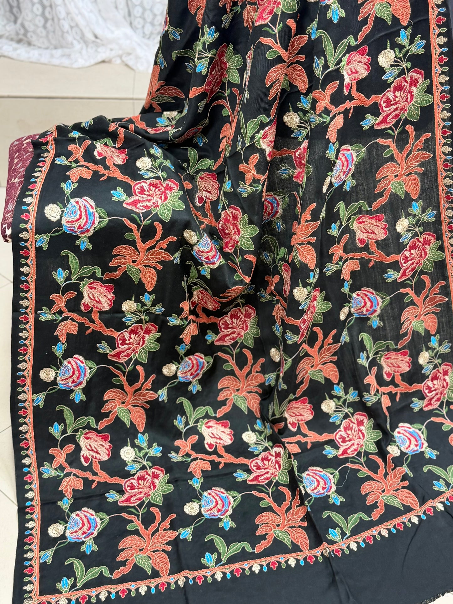 Black Gulabkar Pashmina Embroidered Shawl Fancy Tilla and Thread Work Perfect Gift