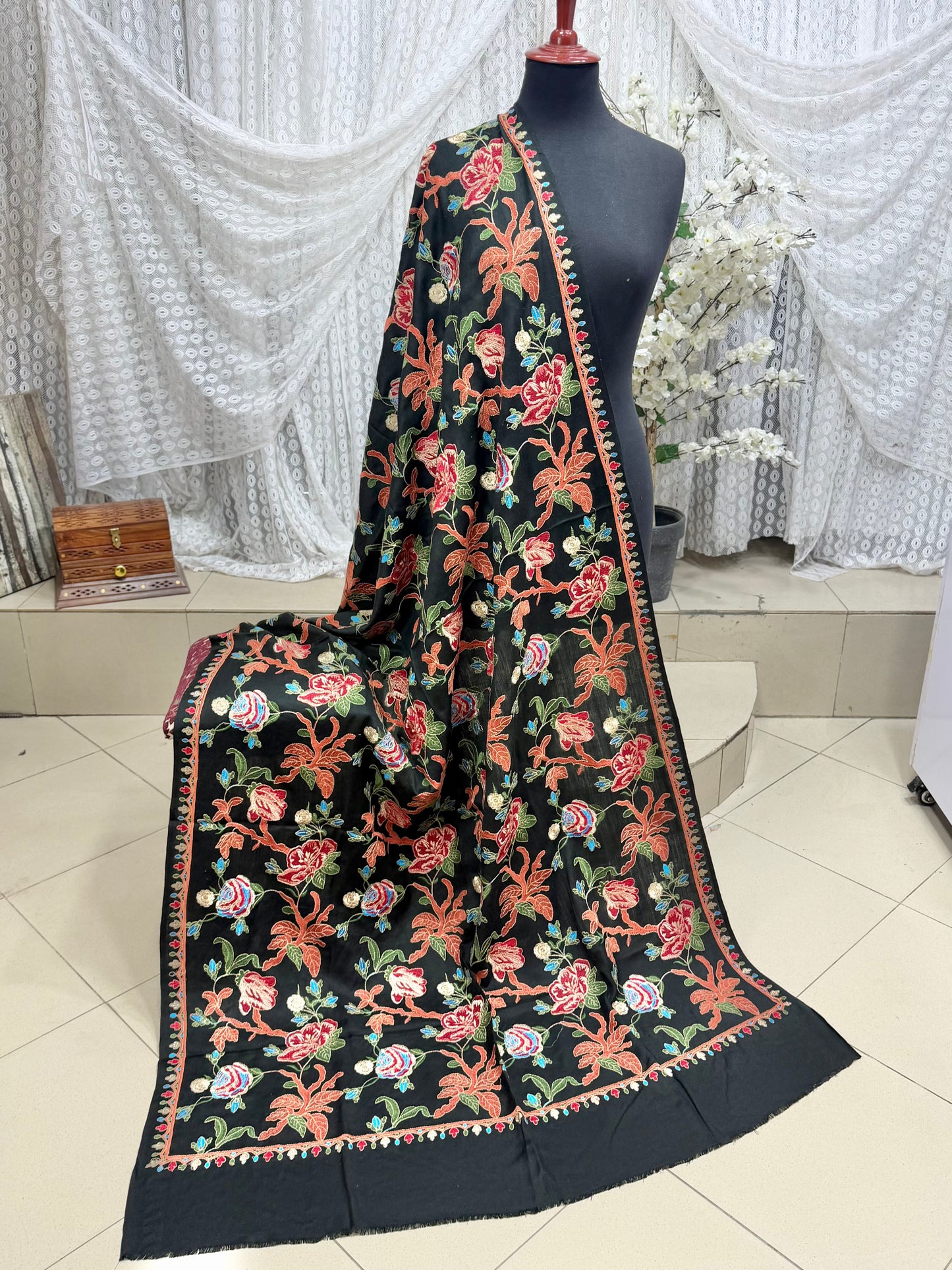 Black Gulabkar Pashmina Embroidered Shawl Fancy Tilla and Thread Work Perfect Gift
