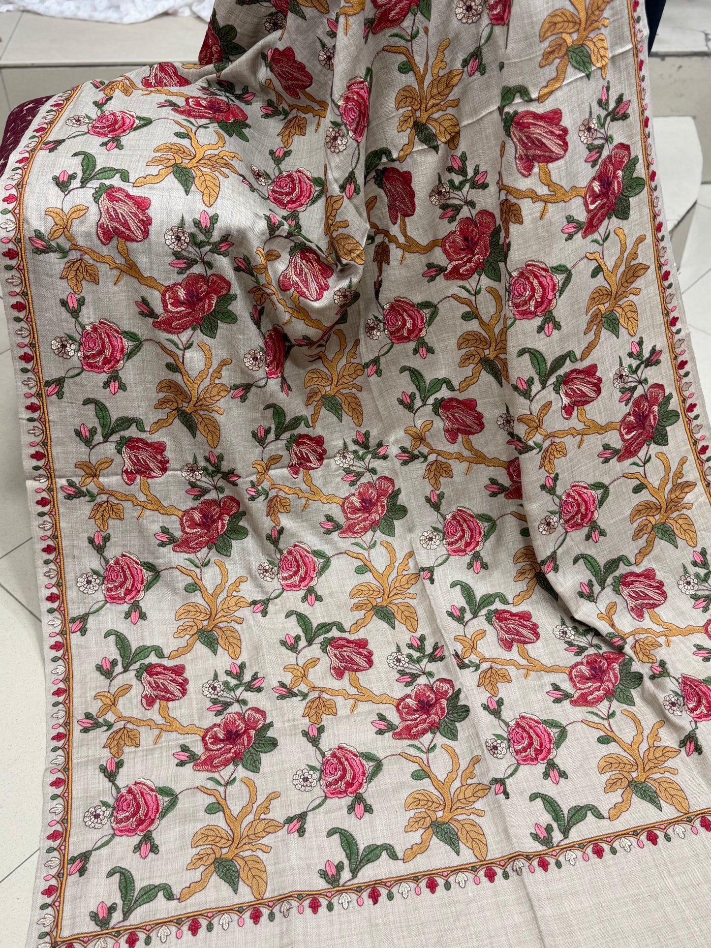 Skin Grey Gulabkar Pashmina Embroidered Shawl Fancy Tilla and Thread Work Perfect Gift