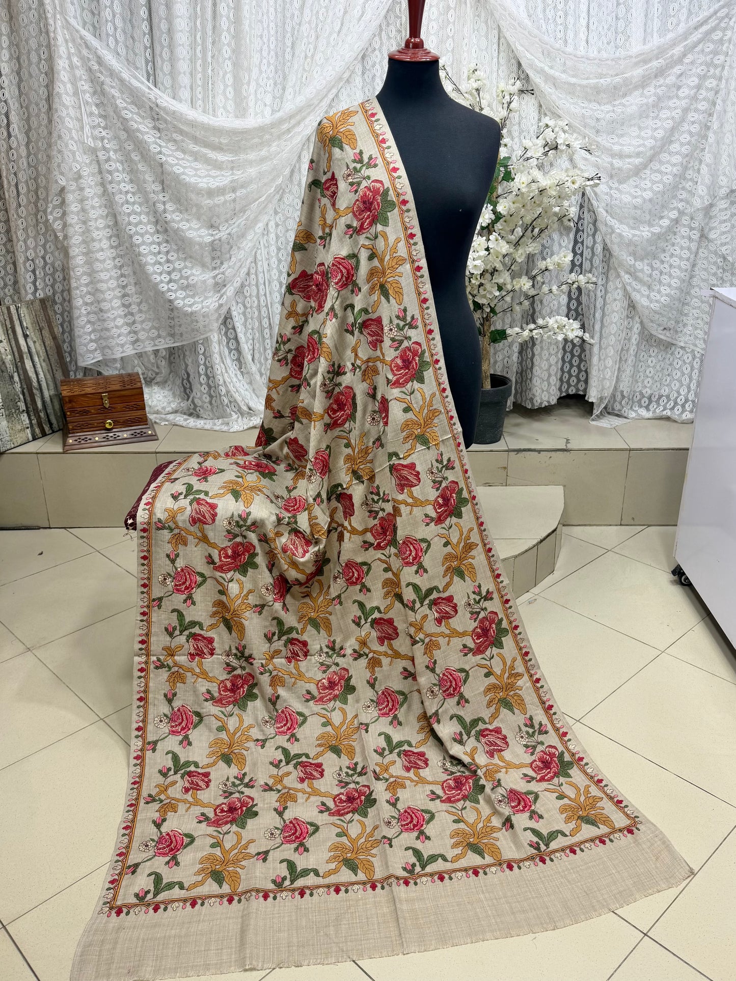 Skin Grey Gulabkar Pashmina Embroidered Shawl Fancy Tilla and Thread Work Perfect Gift