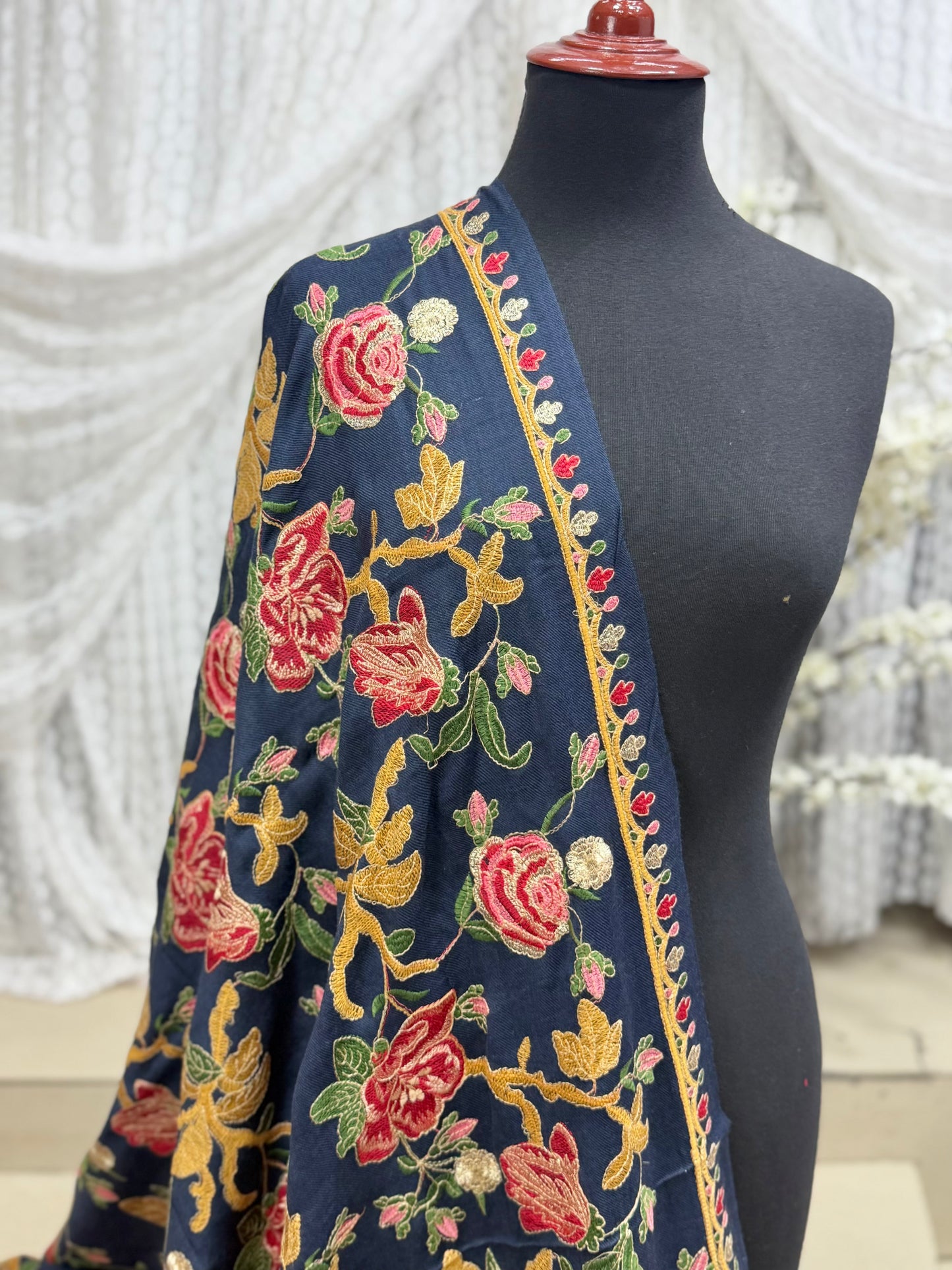 Blue Gulabkar Pashmina Embroidered Shawl Fancy Tilla and Thread Work Perfect Gift