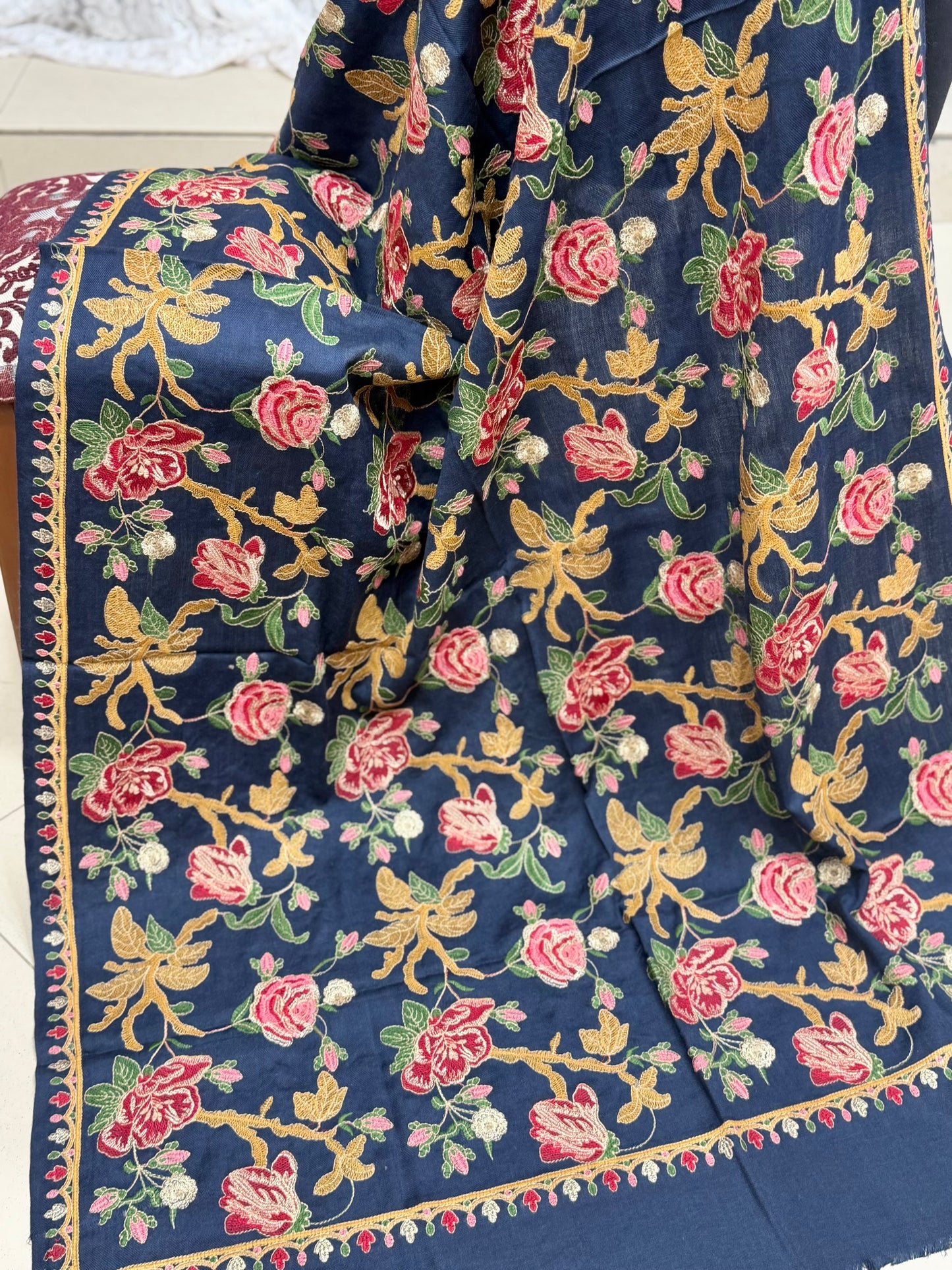 Blue Gulabkar Pashmina Embroidered Shawl Fancy Tilla and Thread Work Perfect Gift