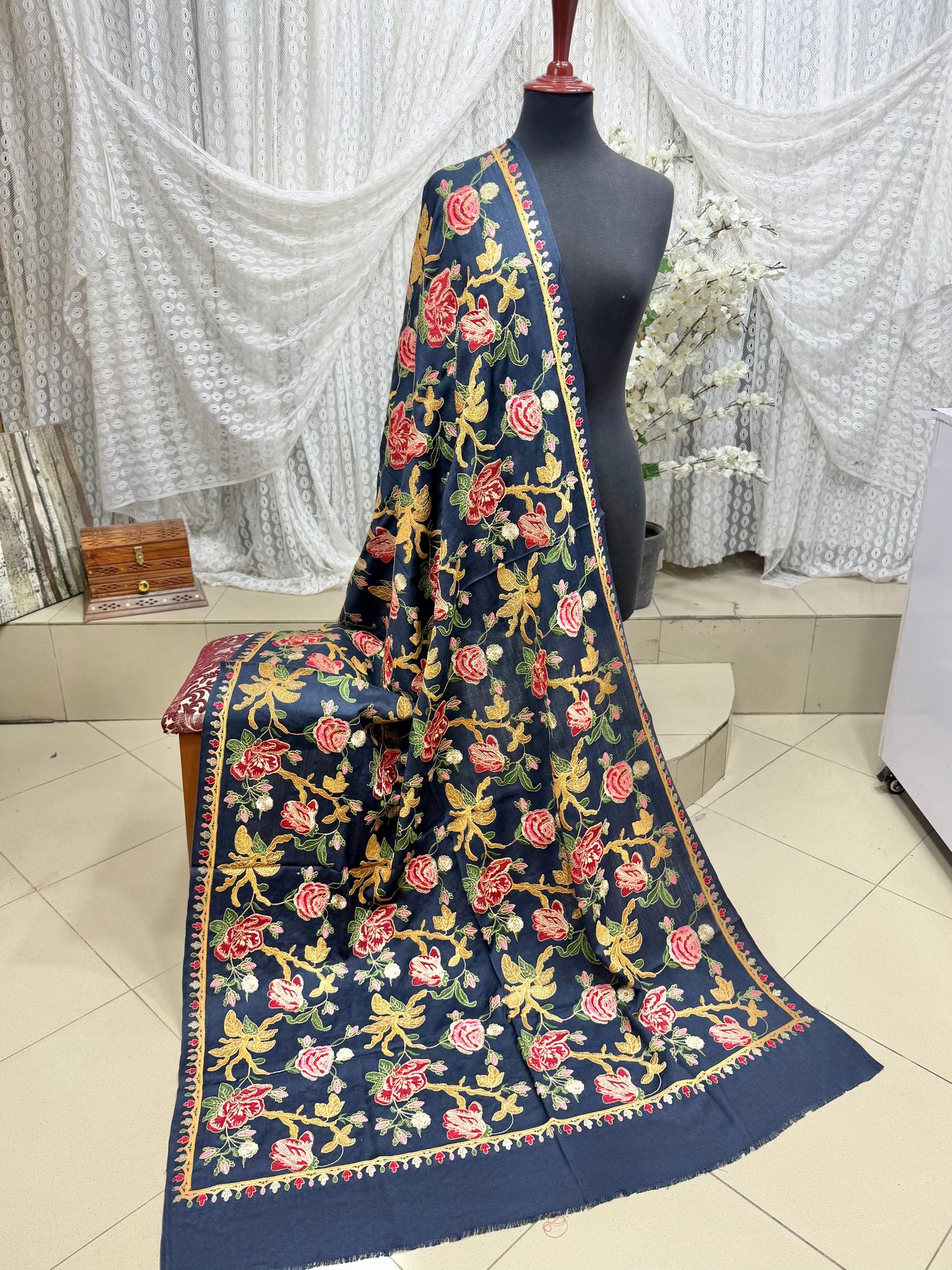 Blue Gulabkar Pashmina Embroidered Shawl Fancy Tilla and Thread Work Perfect Gift