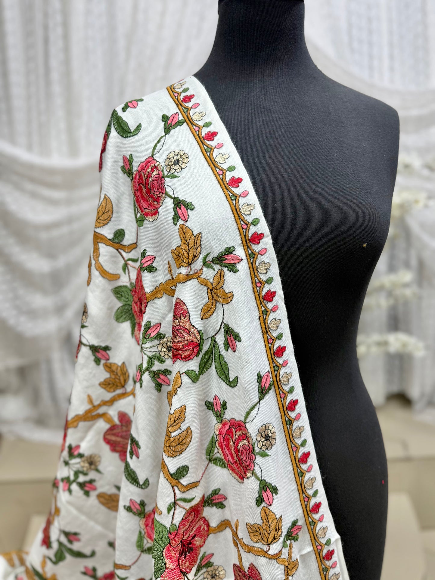White Gulabkar Pashmina Embroidered Shawl Fancy Tilla and Thread Work Perfect Gift