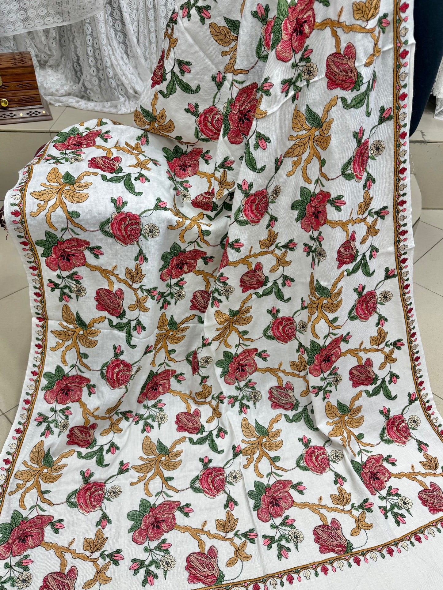 White Gulabkar Pashmina Embroidered Shawl Fancy Tilla and Thread Work Perfect Gift