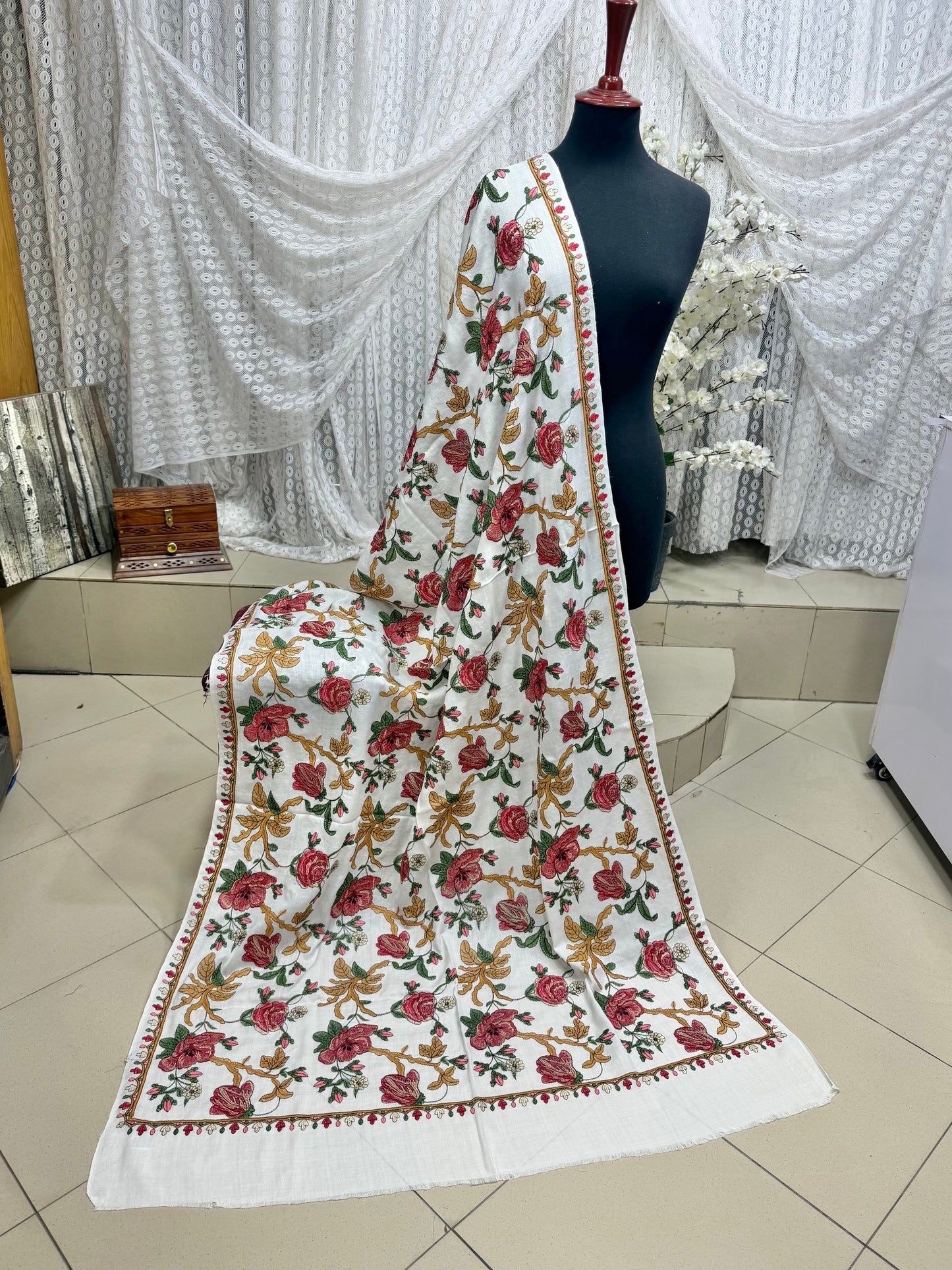White Gulabkar Pashmina Embroidered Shawl Fancy Tilla and Thread Work Perfect Gift