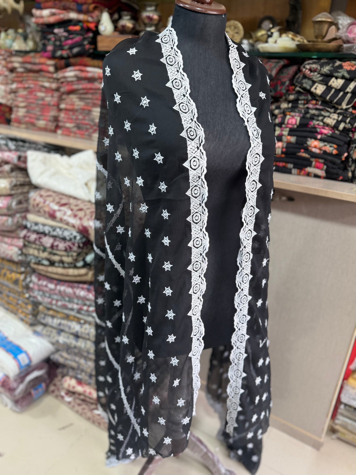 Black Chikankari Crinkle Chiffon Embroidered Dupatta | Black With White