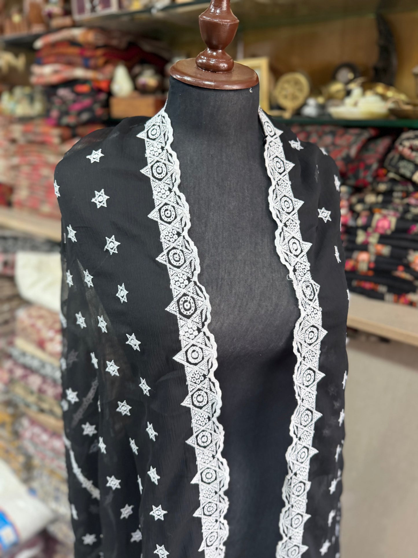 Black Chikankari Crinkle Chiffon Embroidered Dupatta | Black With White