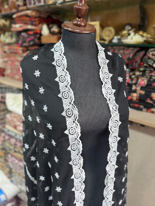 Black Chikankari Crinkle Chiffon Embroidered Dupatta | Black With White