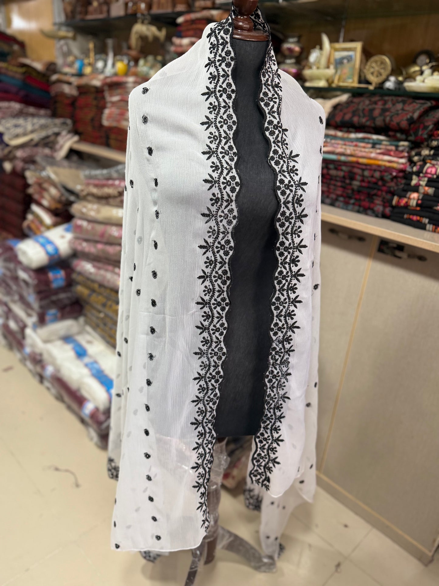 White Chikankari With White Crinkle Chiffon Embroidered Dupatta