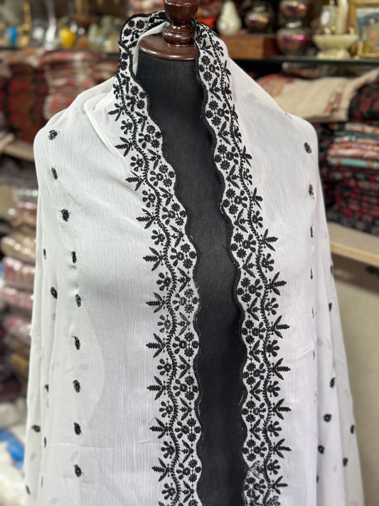 White Chikankari With White Crinkle Chiffon Embroidered Dupatta