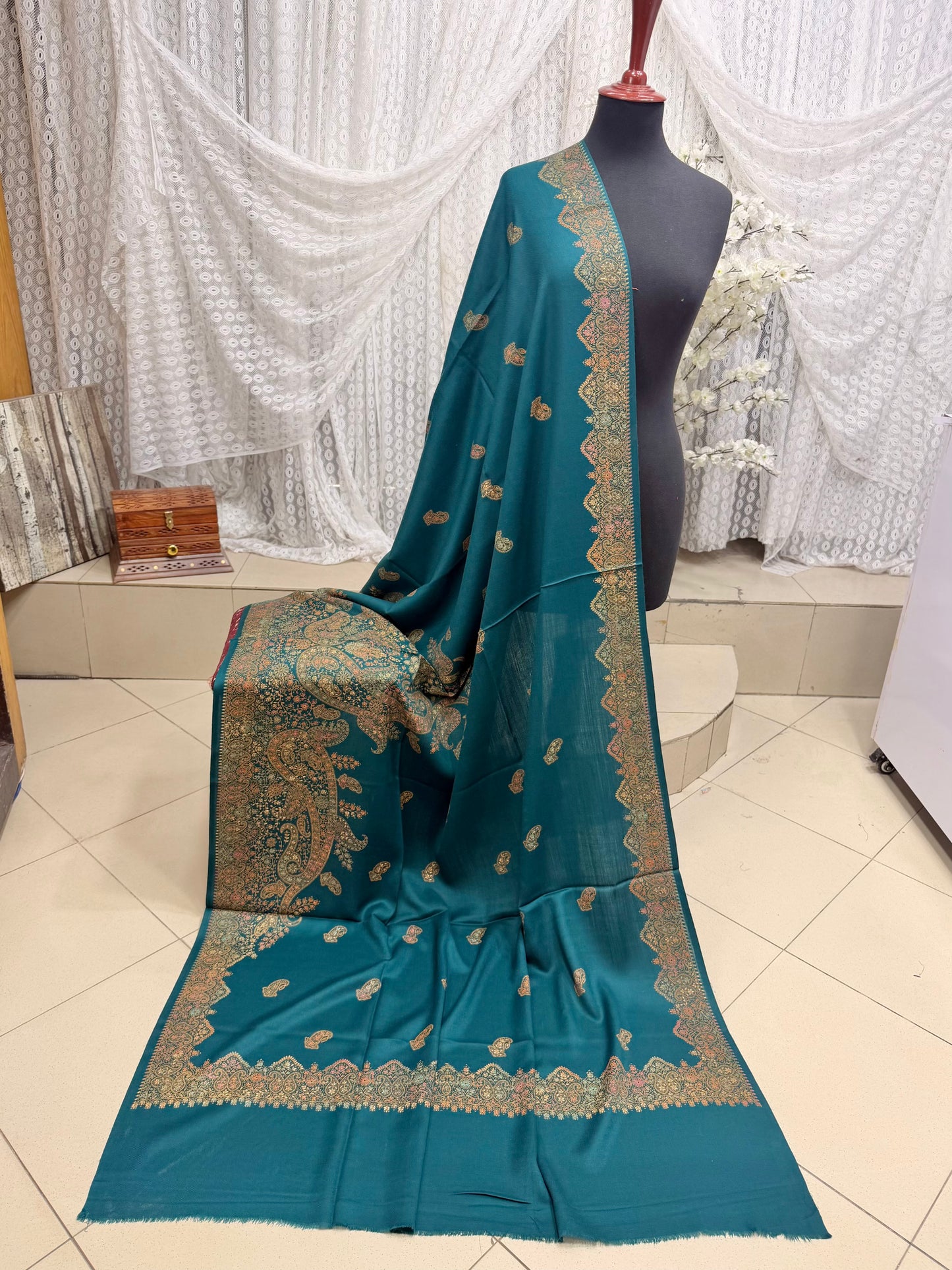 Pashmina Shawl Kingri Border Embroidery | Handmade Shawl Perfect Gift | Navy Blue