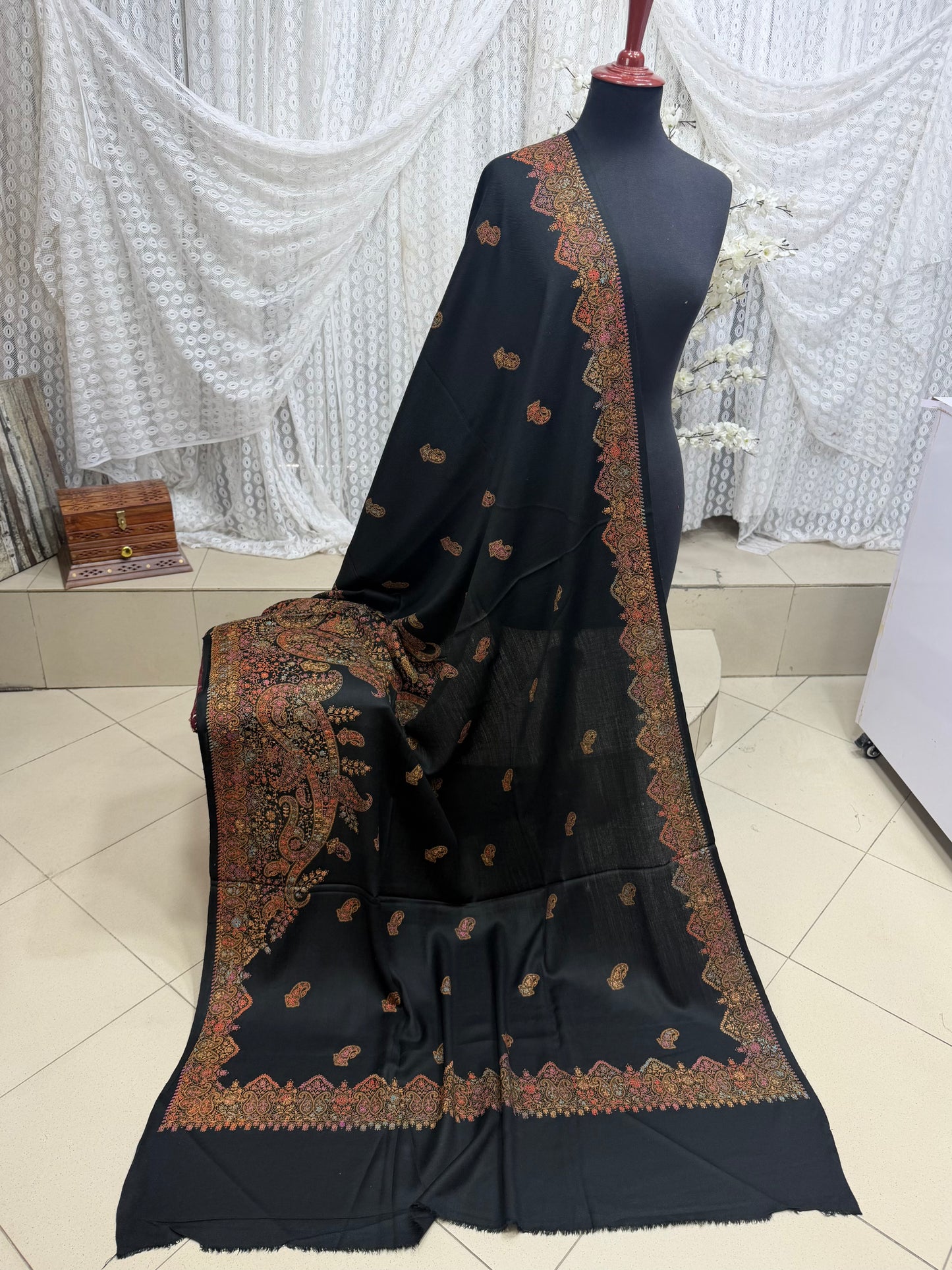 Pashmina Shawl  Border Embroidery | Handmade Shawl Perfect Gift | Black