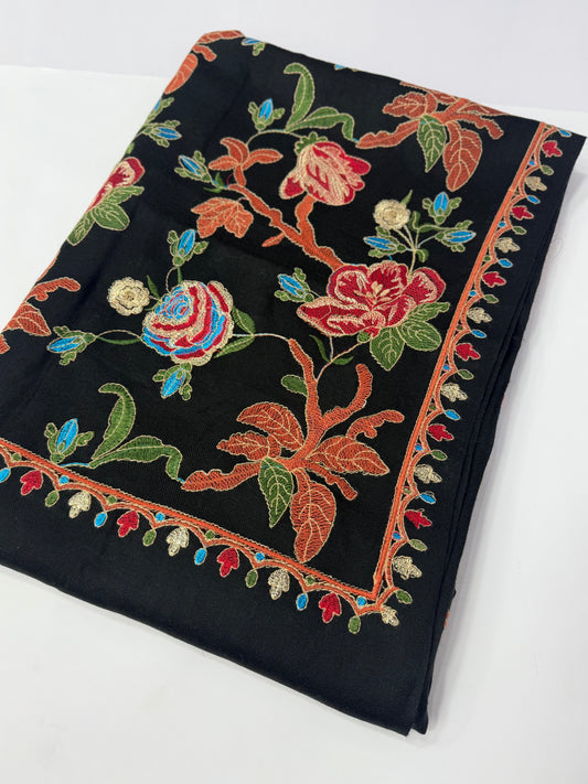 Black Gulabkar Pashmina Embroidered Shawl Fancy Tilla and Thread Work Perfect Gift
