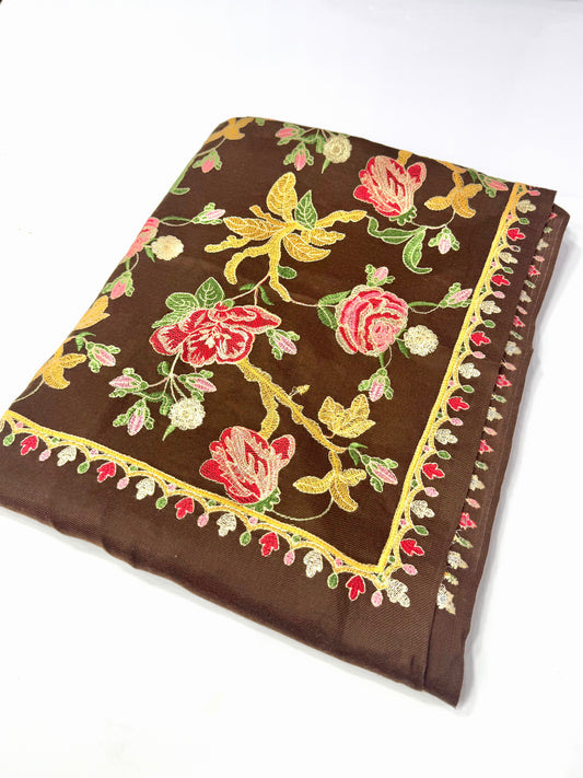 Brown Gulabkar Pashmina Embroidered Shawl Fancy Tilla and Thread Work Perfect Gift
