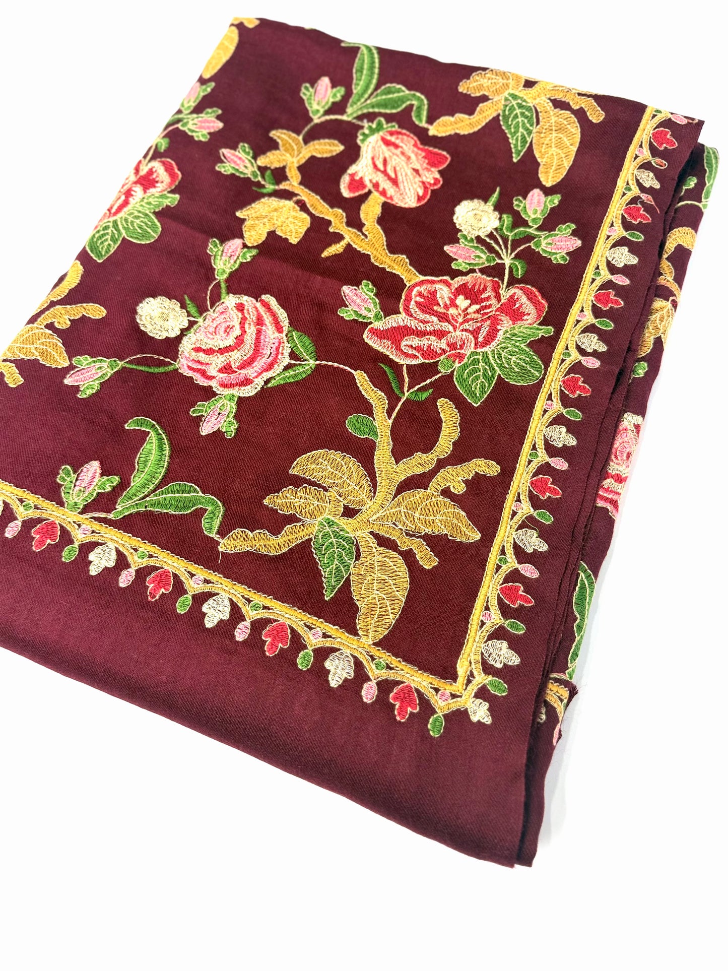 Maroon Gulabkar Pashmina Embroidered Shawl Fancy Tilla and Thread Work Perfect Gift