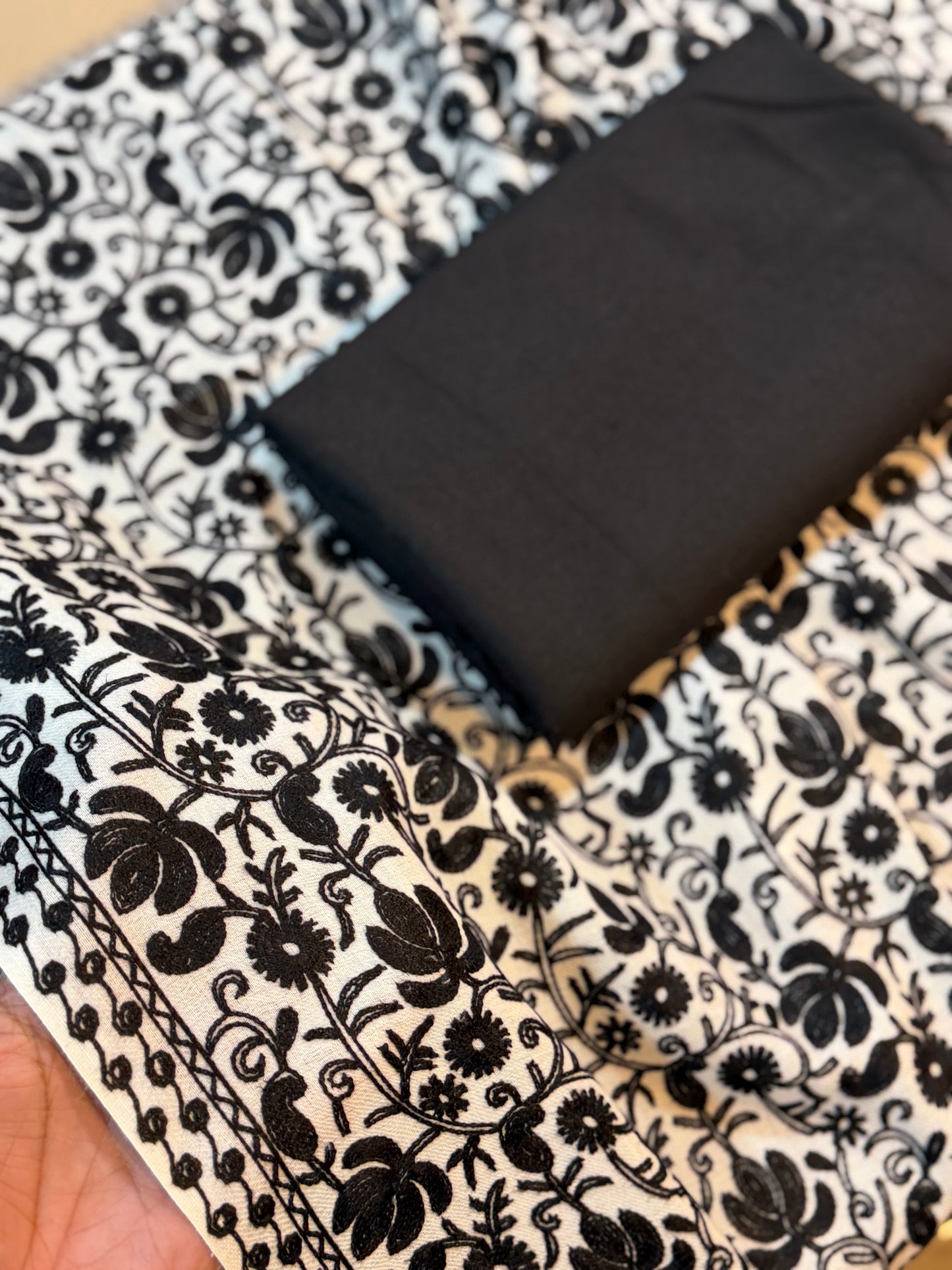 Pashmina 3 Piece Suit | Embroidered Shawl with Plain Suit Marina | Black With White