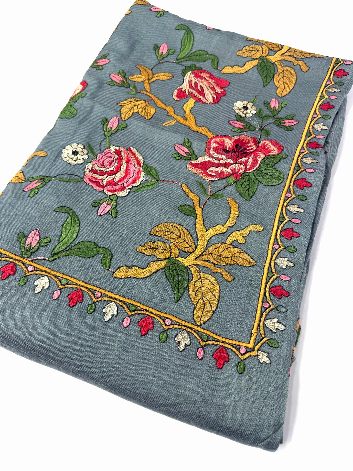 Grey Gulabkar Pashmina Embroidered Shawl Fancy Tilla and Thread Work Perfect Gift