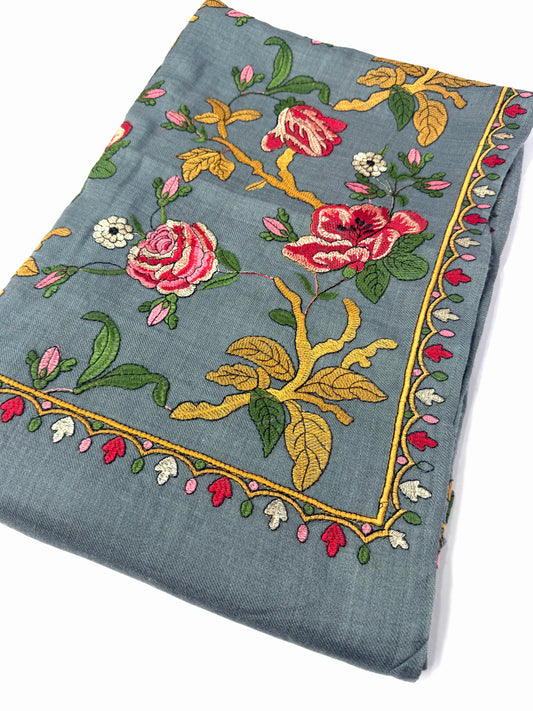 Grey Gulabkar Pashmina Embroidered Shawl Fancy Tilla and Thread Work Perfect Gift