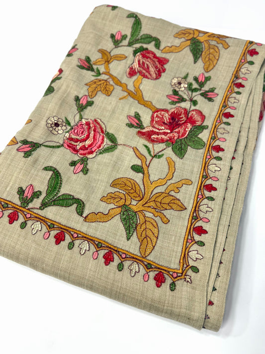 Skin Grey Gulabkar Pashmina Embroidered Shawl Fancy Tilla and Thread Work Perfect Gift