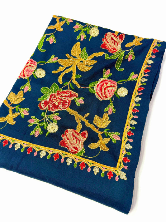Blue Gulabkar Pashmina Embroidered Shawl Fancy Tilla and Thread Work Perfect Gift