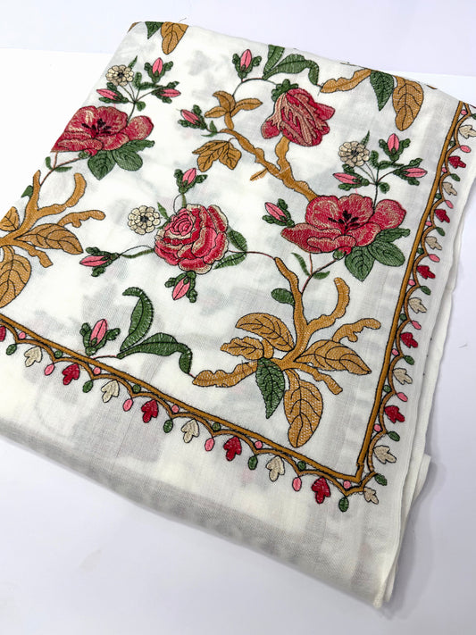 White Gulabkar Pashmina Embroidered Shawl Fancy Tilla and Thread Work Perfect Gift