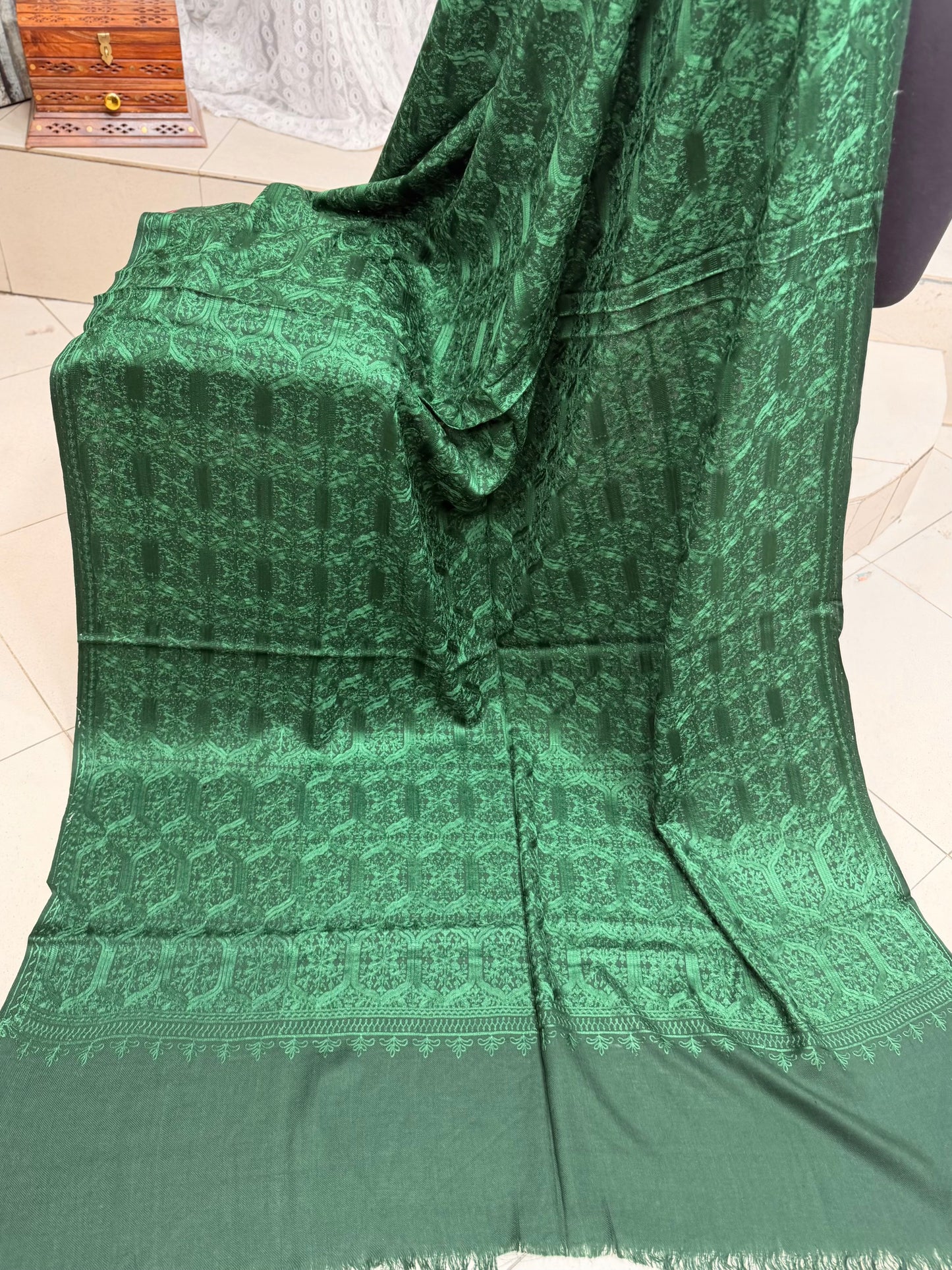Pashmina Embroidered Shawl Nalki Aar Design Resham Silk Thread Perfect Gift | Green