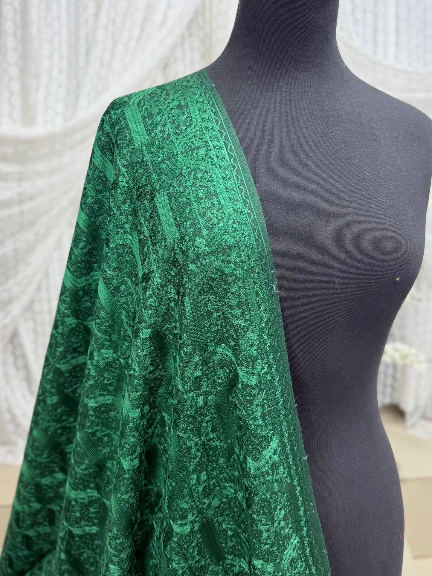 Pashmina Embroidered Shawl Nalki Aar Design Resham Silk Thread Perfect Gift | Green