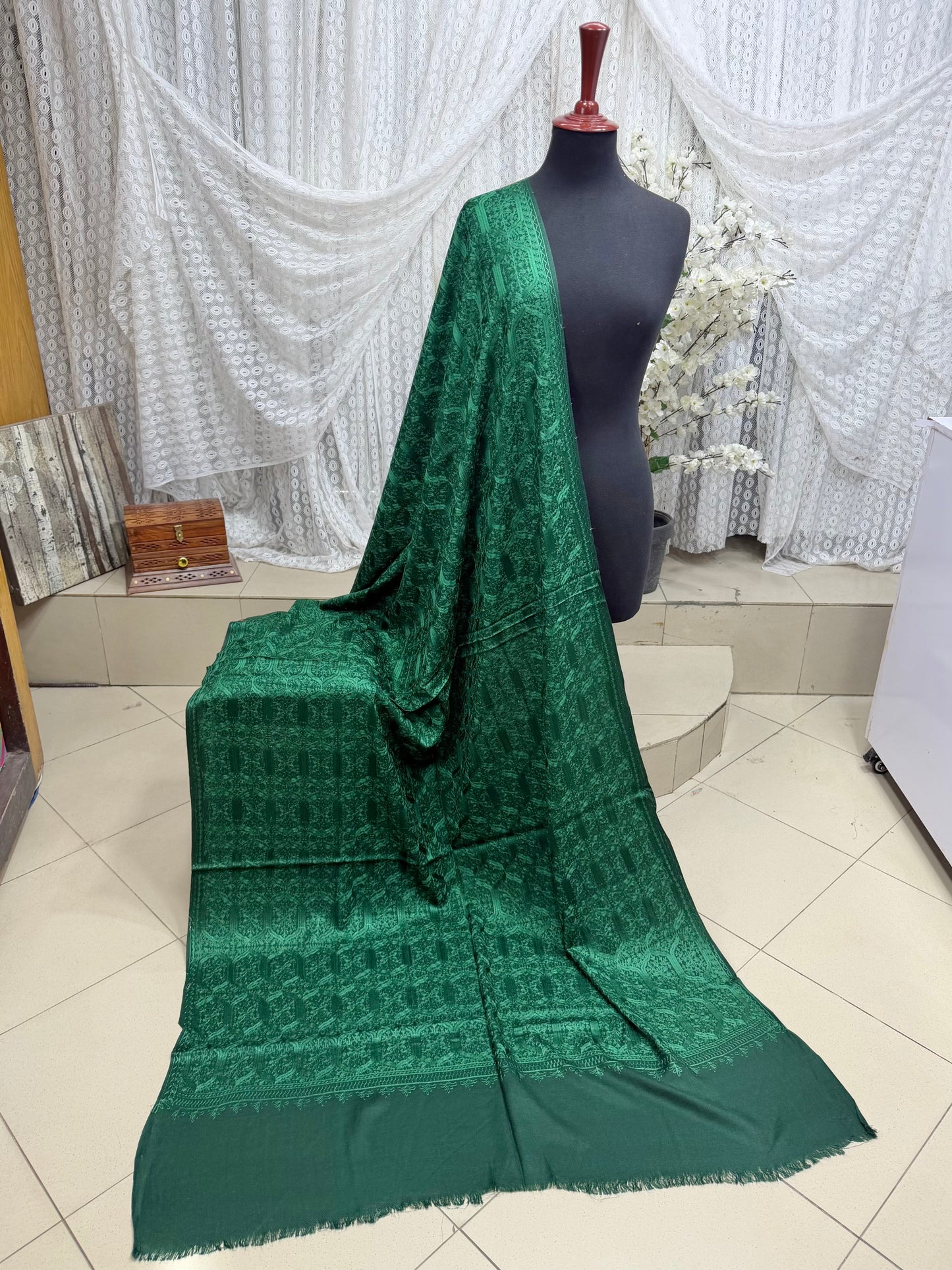 Pashmina Embroidered Shawl Nalki Aar Design Resham Silk Thread Perfect Gift | Green