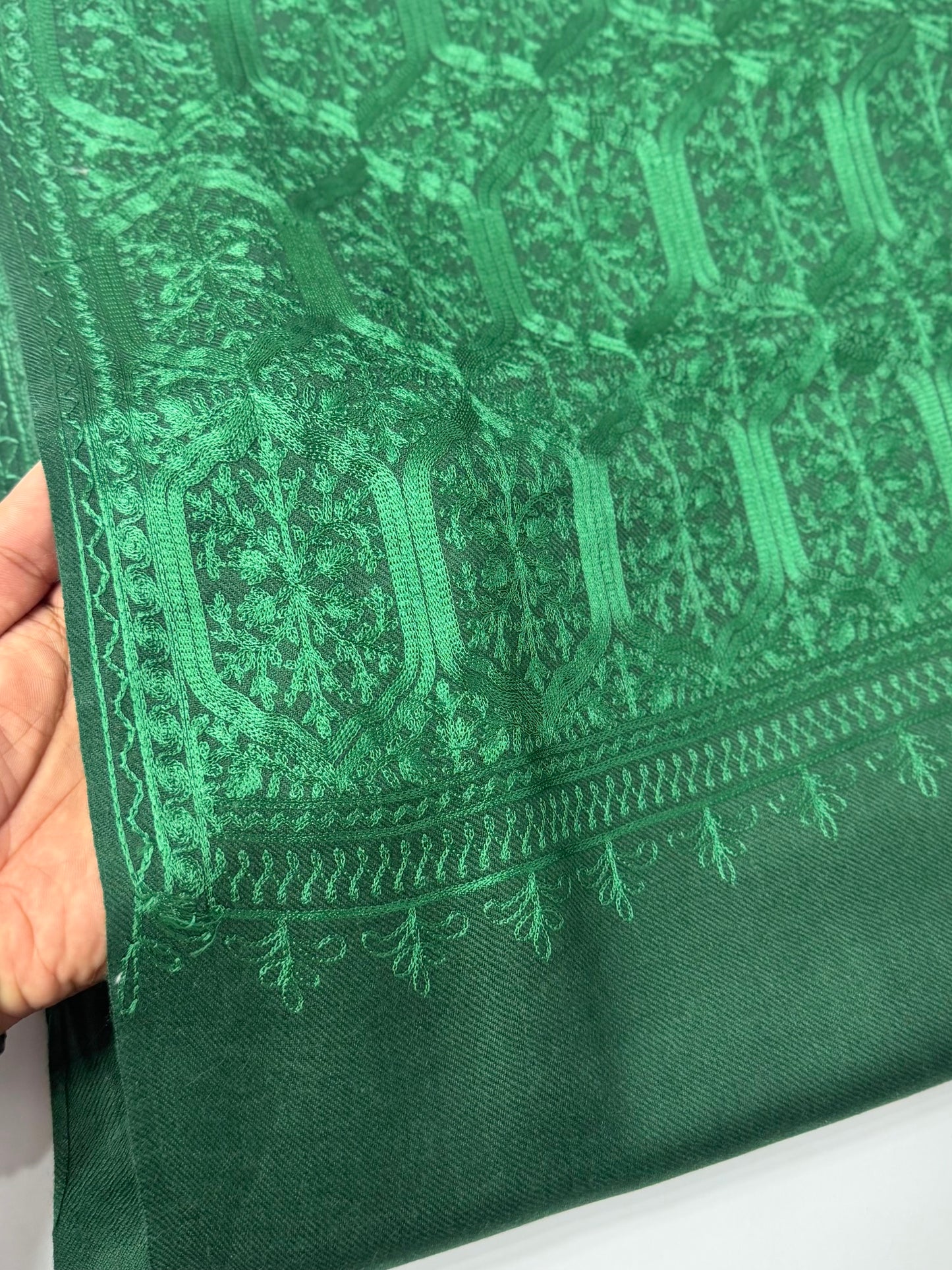 Pashmina Embroidered Shawl Nalki Aar Design Resham Silk Thread Perfect Gift | Green