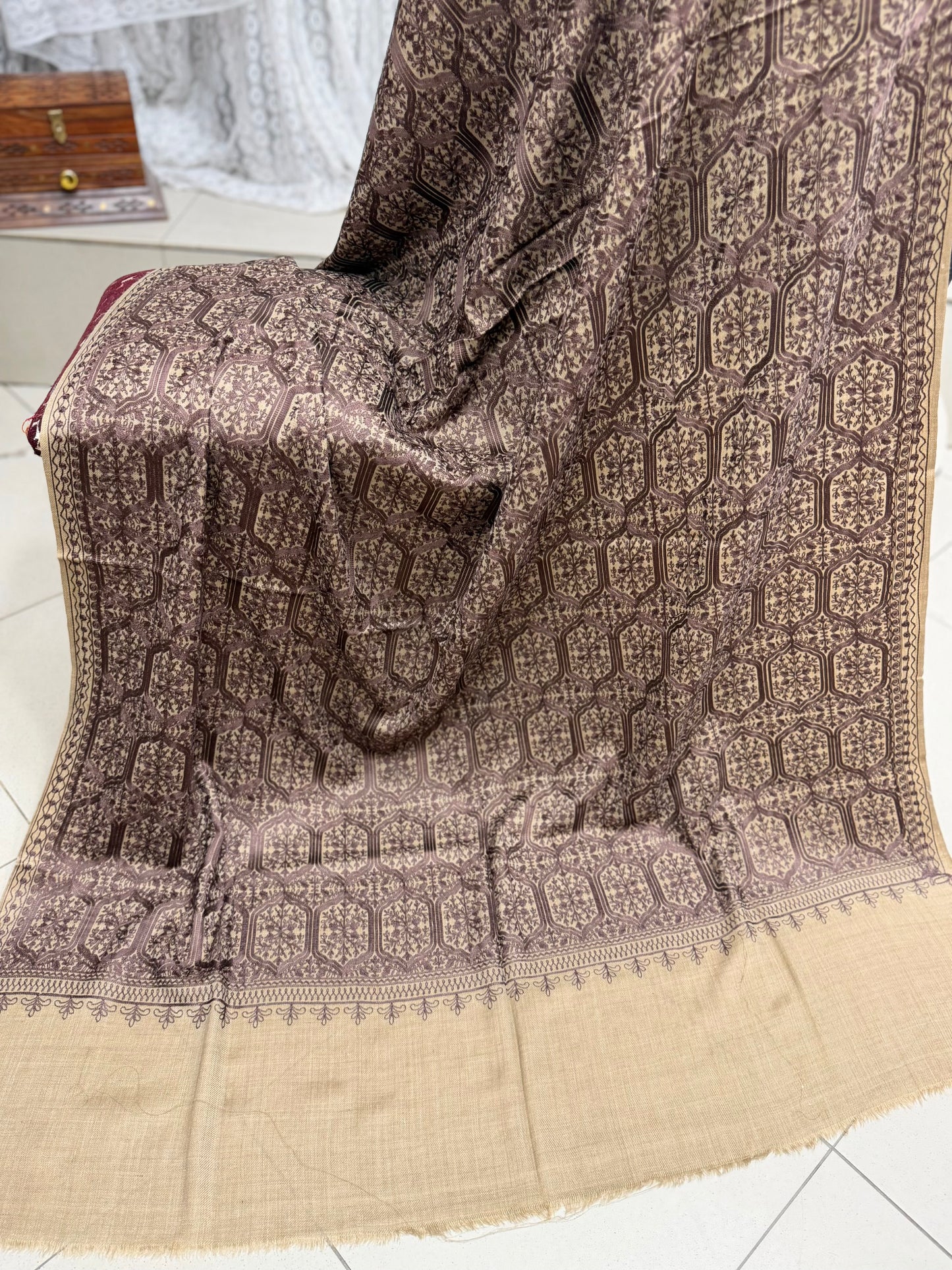 Pashmina Embroidered Shawl Nalki Aar Design Resham Silk Thread Perfect Gift | Skin