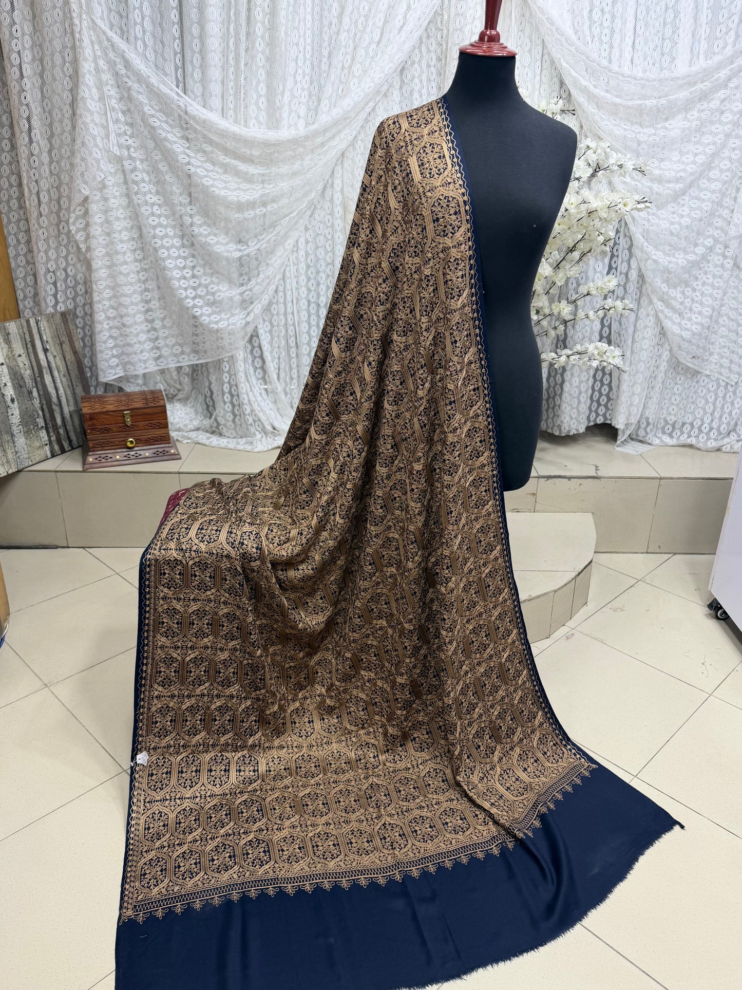 Pashmina Embroidered Shawl Nalki Aar Design Resham Silk Thread Perfect Gift | Blue