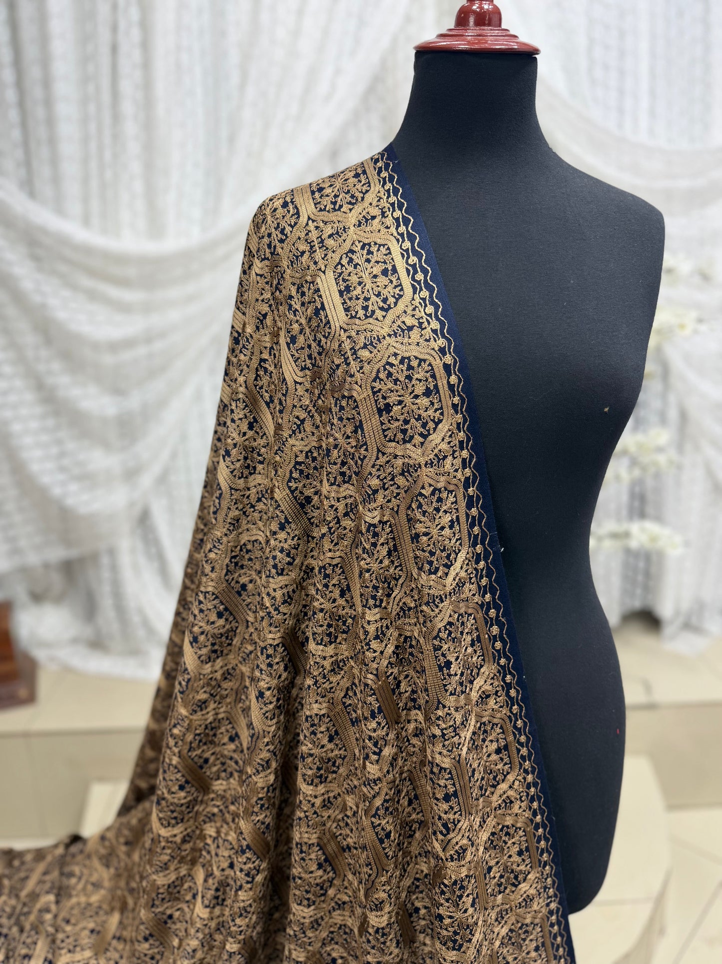 Pashmina Embroidered Shawl Nalki Aar Design Resham Silk Thread Perfect Gift | Blue