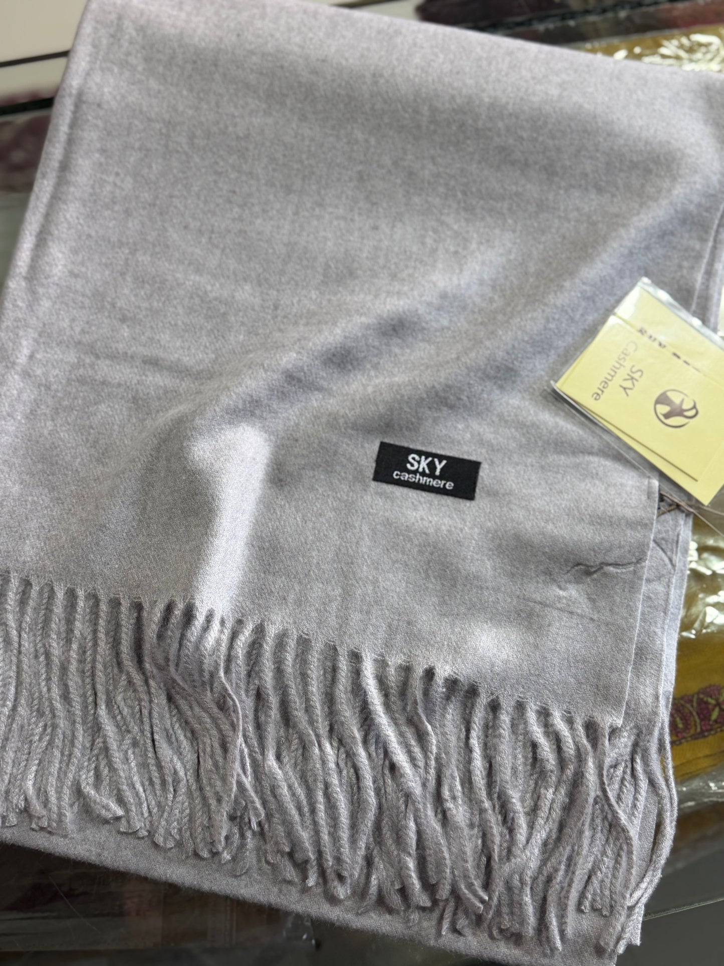 Plain Stole Sky Cashmere With Tassels in Large Size | Light Grey