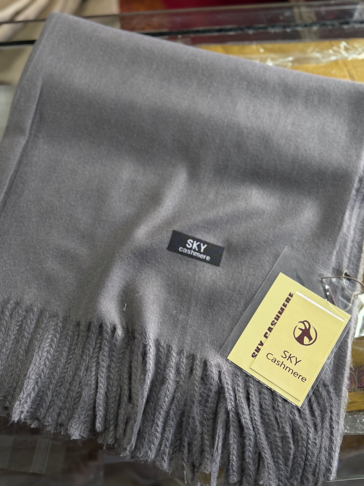 Plain Stole Sky Cashmere With Tassels in Large Size | Grey