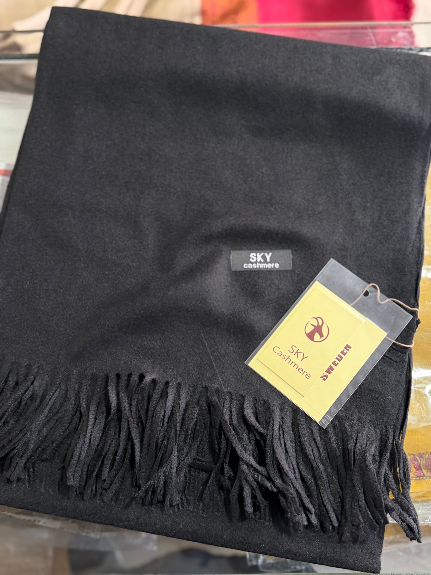 Plain Stole Sky Cashmere With Tassels in Large Size | Black